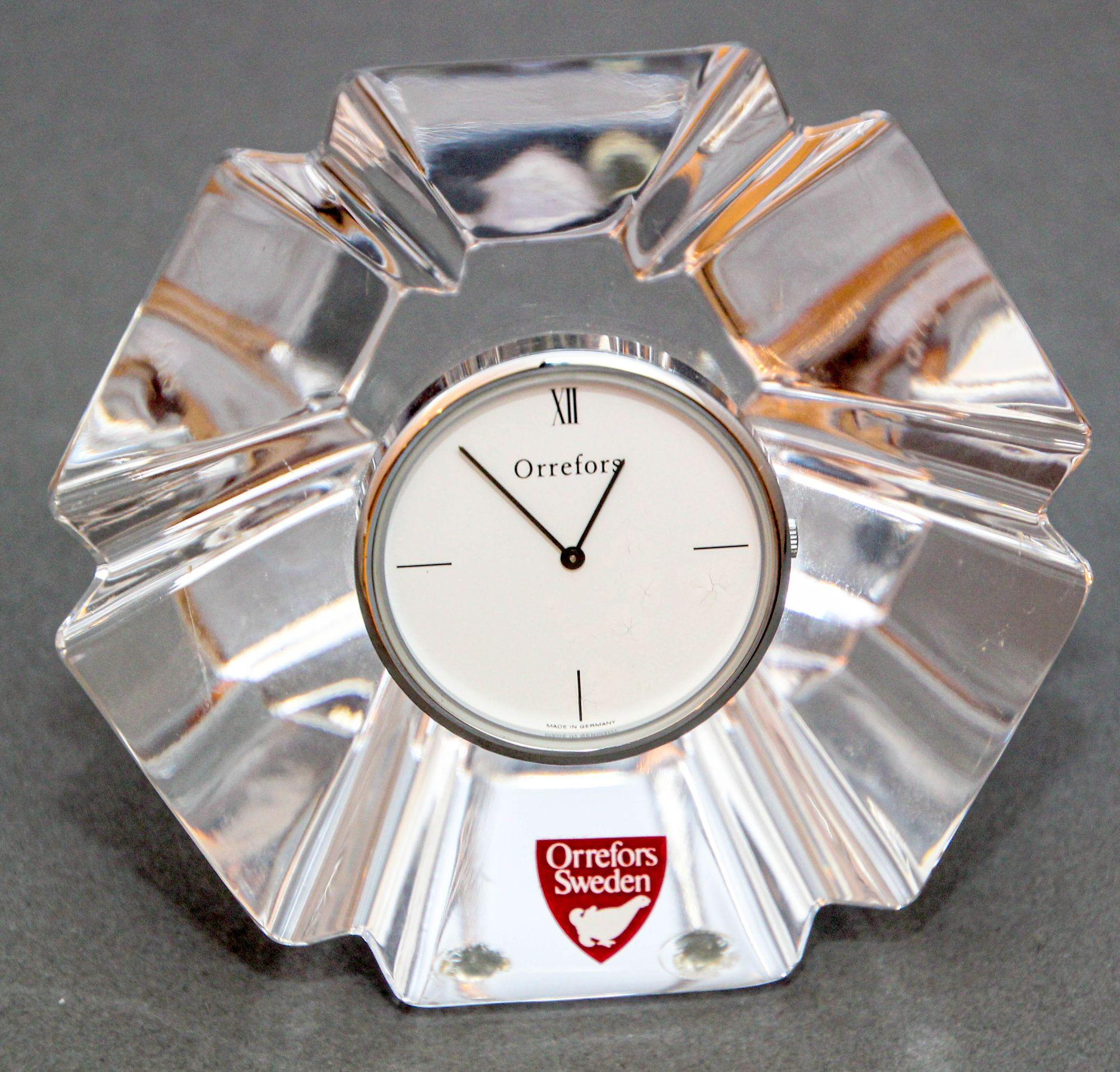Orrefors Sweden Orion Crystal Desk Clock Paperweight 1970s 1