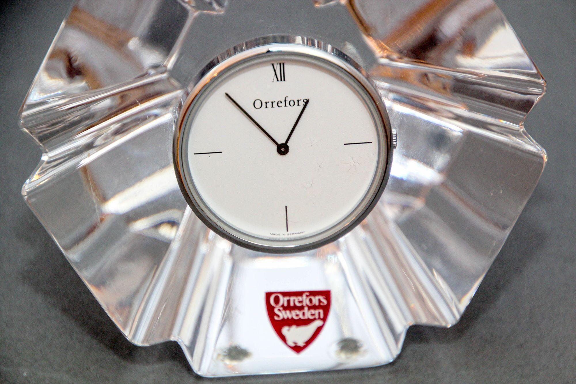Orrefors Sweden Orion Crystal Desk Clock Paperweight 1970s 2