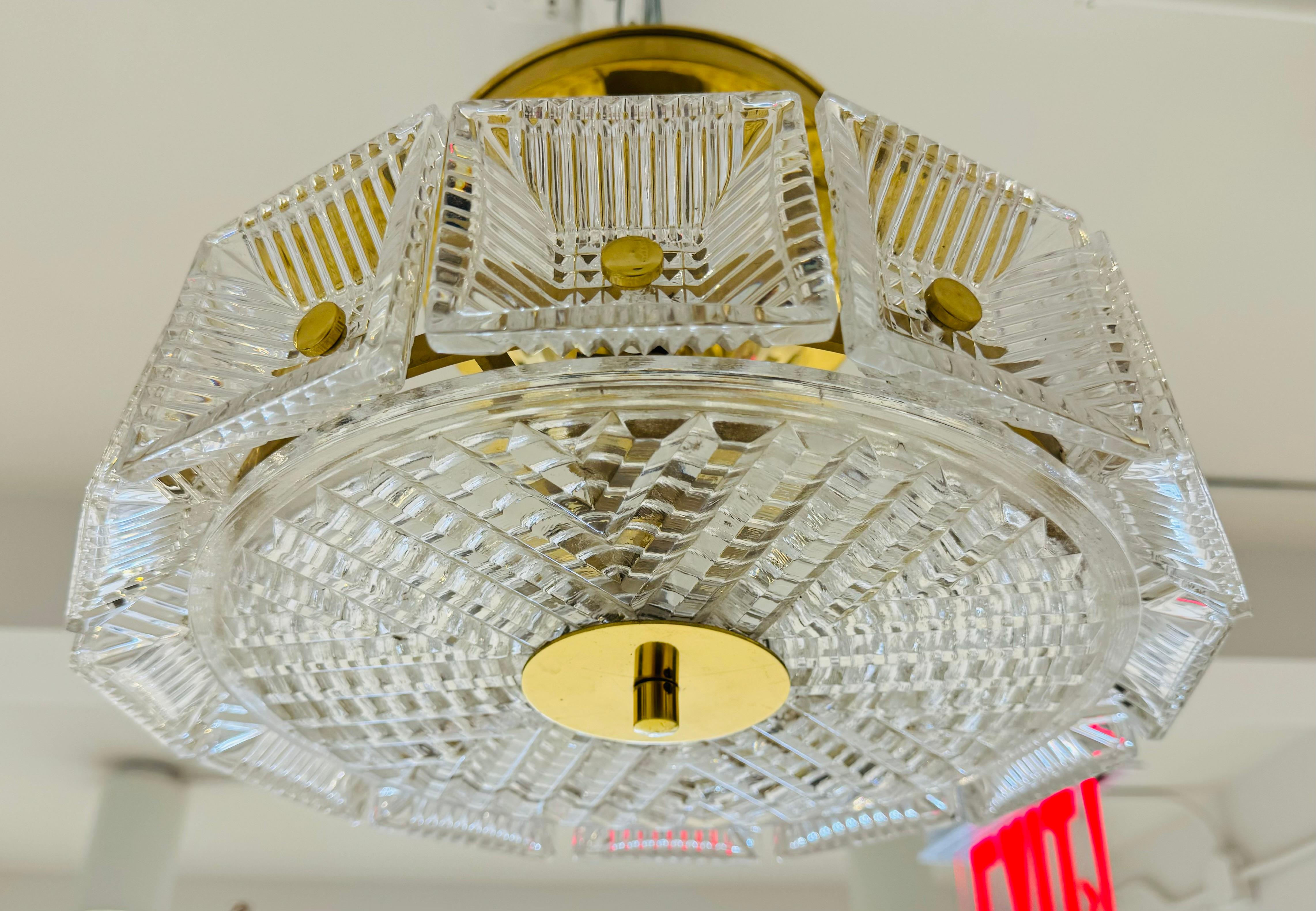 Orrefors Swedish Crystal Carl Fagerlund 1960s Mid Century Flush Ceiling Pendant For Sale 7