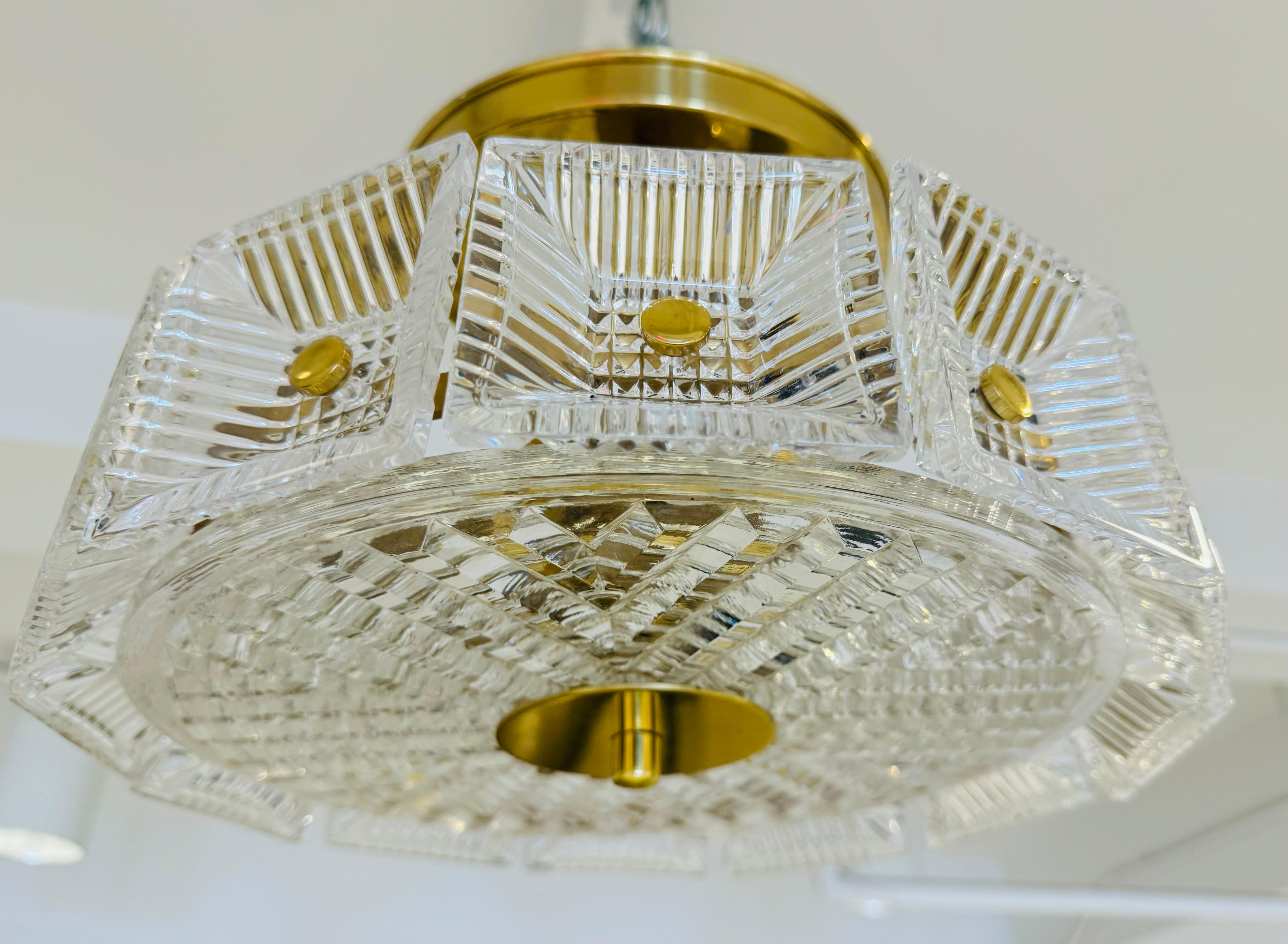 Brass Orrefors Swedish Crystal Carl Fagerlund 1960s Mid Century Flush Ceiling Pendant For Sale