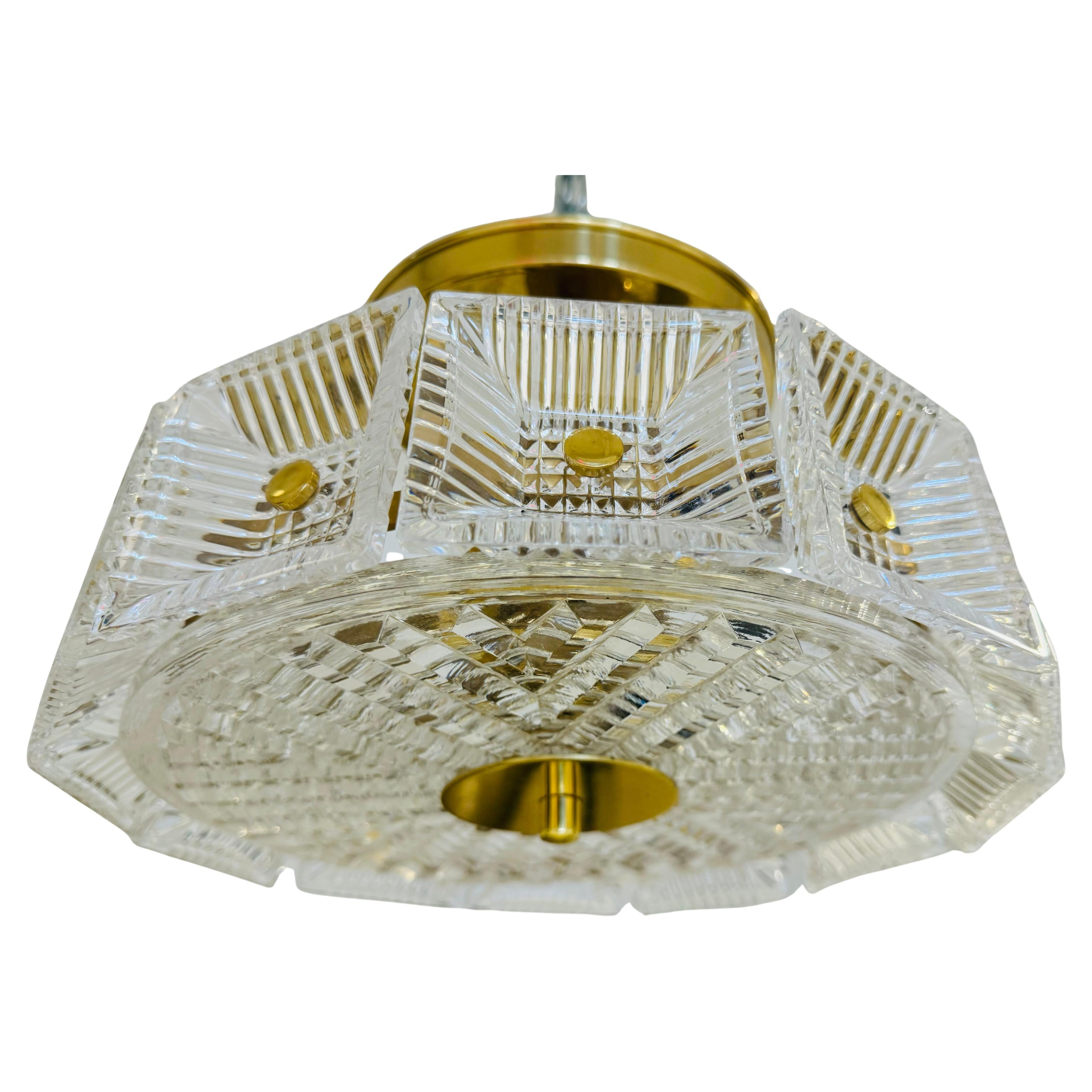 Orrefors Swedish Crystal Carl Fagerlund 1960s Mid Century Flush Ceiling Pendant For Sale