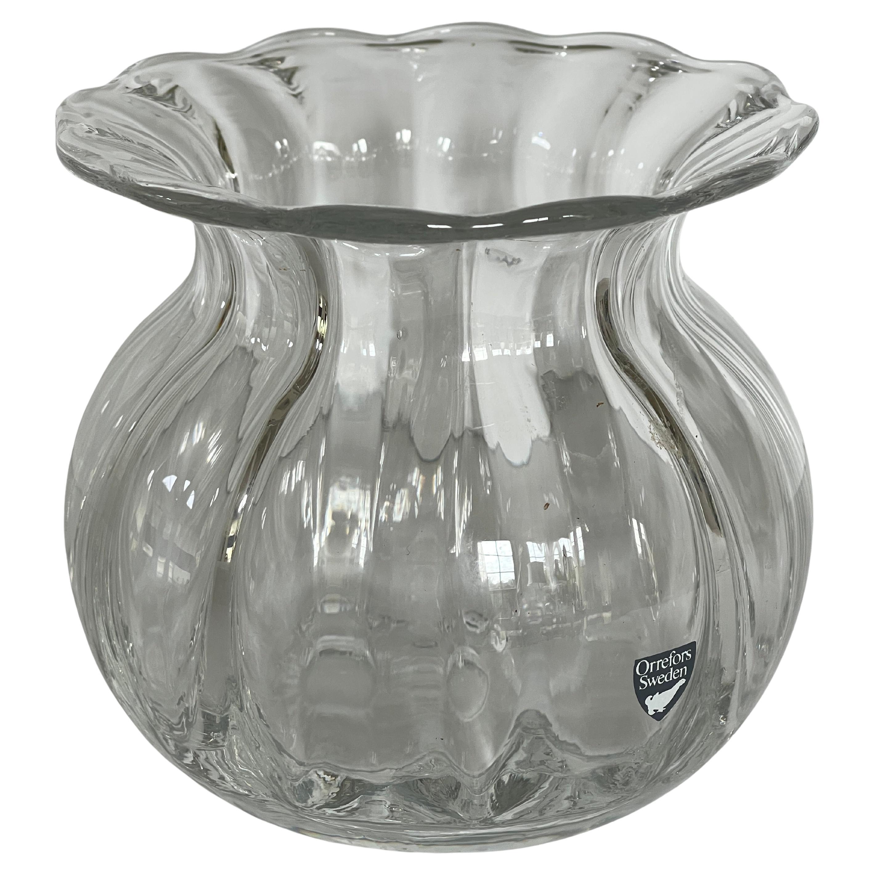 Orrefors Swedish Ribbed Glass Anemone Vase