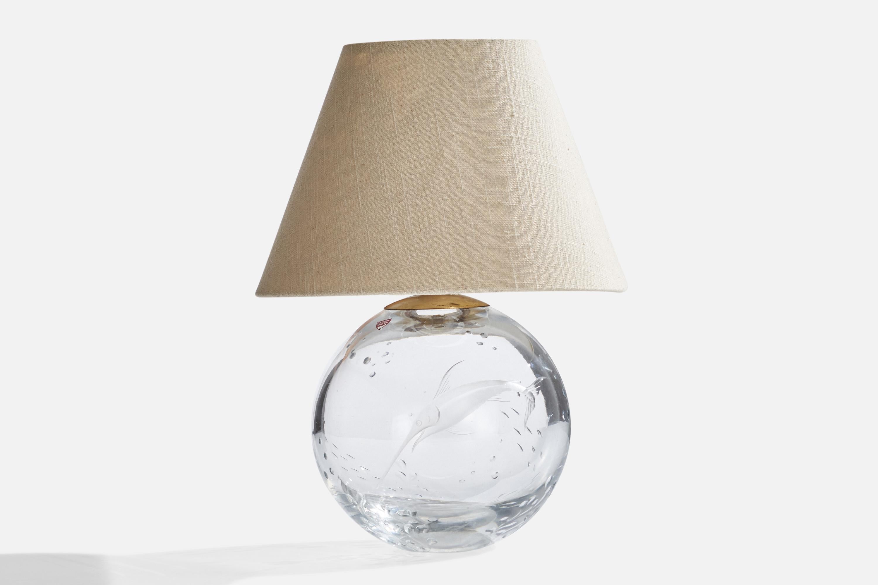 A brass and etched glass and fabric table lamp designed and produced in Sweden, 1930s.

Overall Dimensions (inches): 14.5”  H x 11” D
Stated dimensions include shade.
Bulb Specifications: E-26 Bulb
Number of Sockets: 1
All lighting will be converted