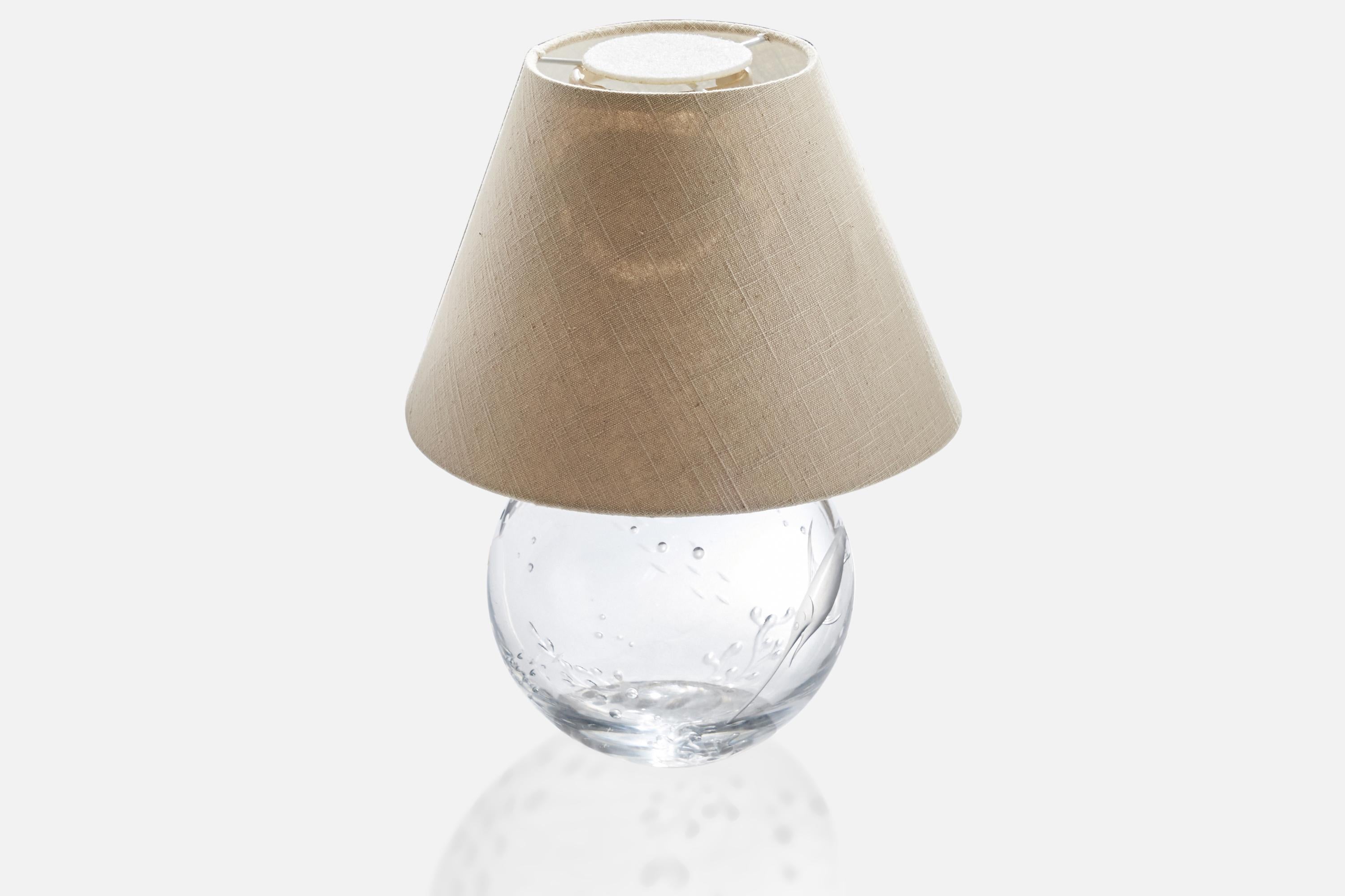 Swedish Orrefors, Table Lamp, Glass, Brass, Fabric, Sweden, 1930s For Sale