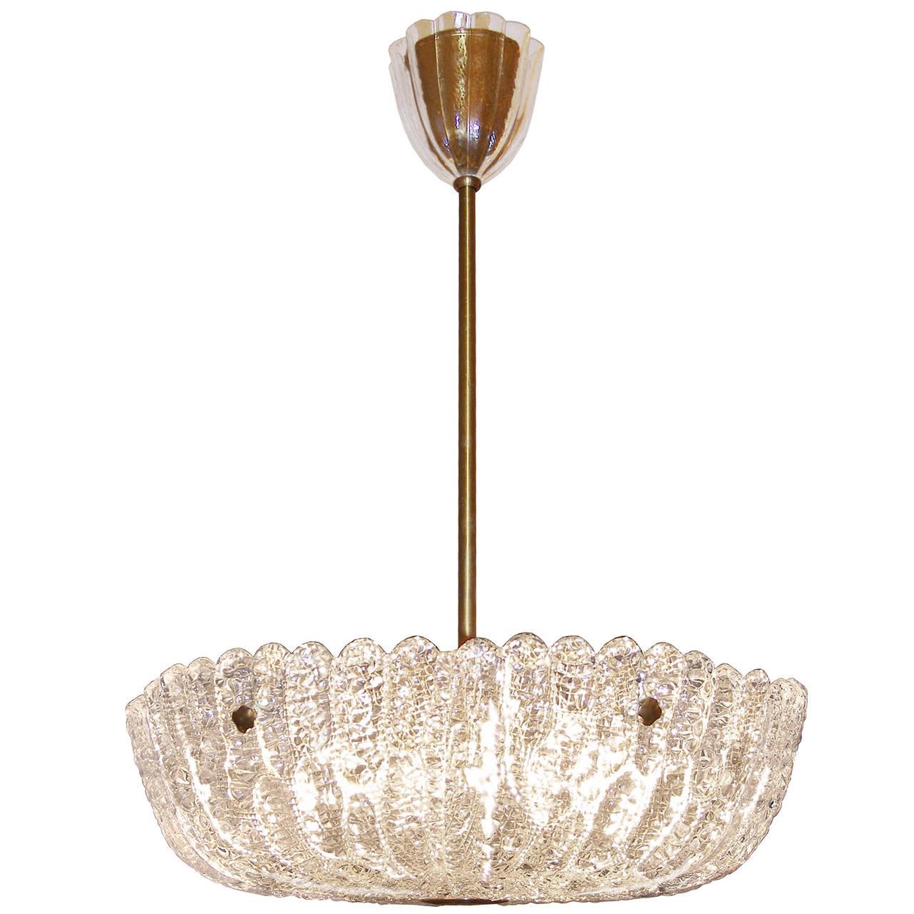 Swedish Orrefors Textured Crystal and Brass Chandelier / Two Available For Sale