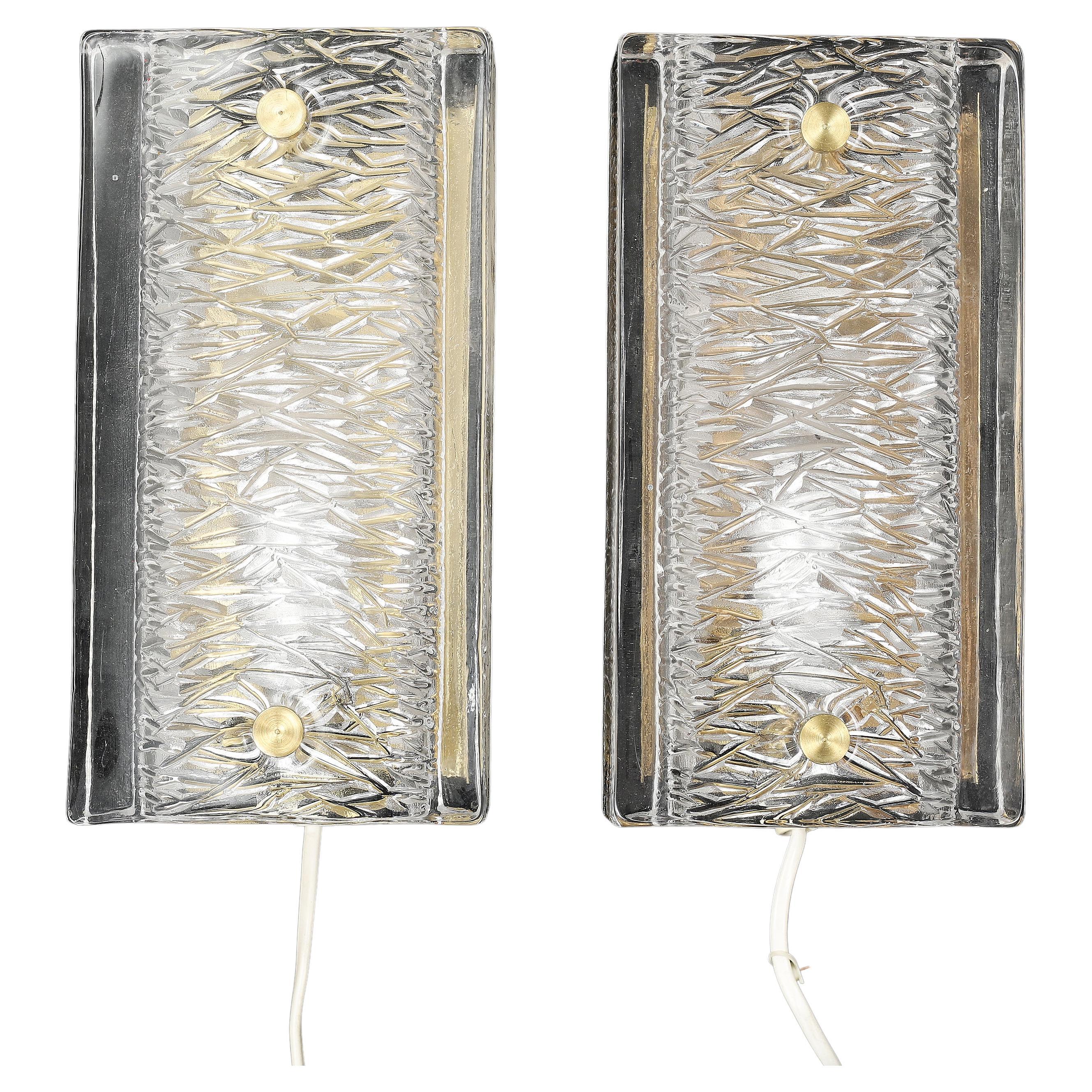 Orrefors wall light cast glass and brass a pair Sweden 1960 For Sale