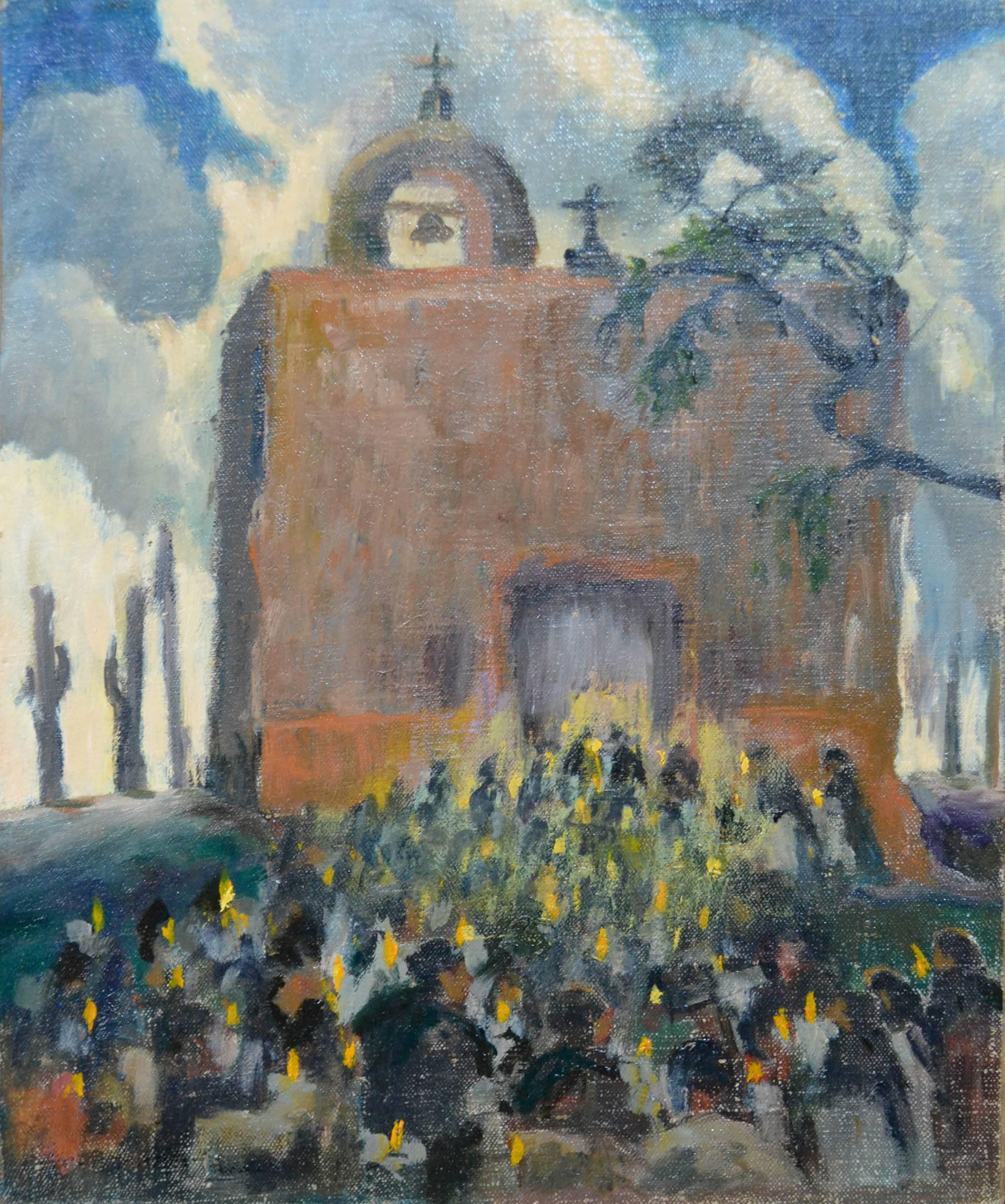 Figurative Painting Orrin A. White - Candlelight Service Landscape Painting, Oil on Canvas, Circa 1940