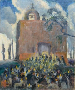 Candlelight Service Landscape Painting, Oil on Canvas, Circa 1940