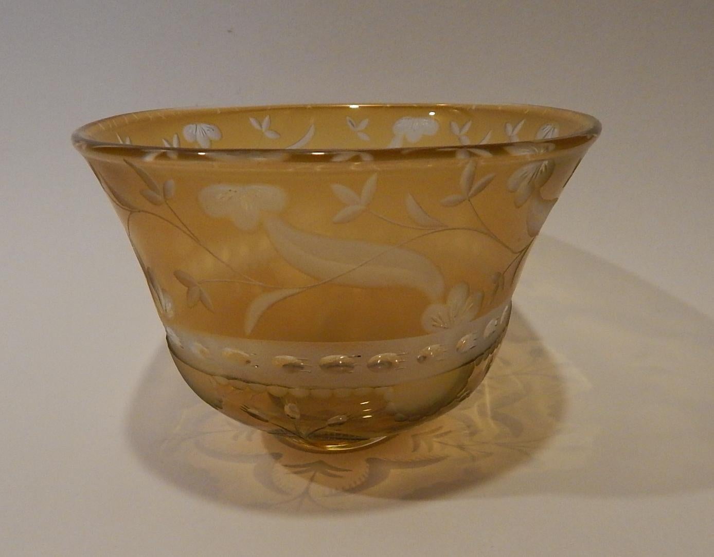 Swedish Eva Englund Orrefors Etched Glass Footed Oval Bowl in Yellow For Sale
