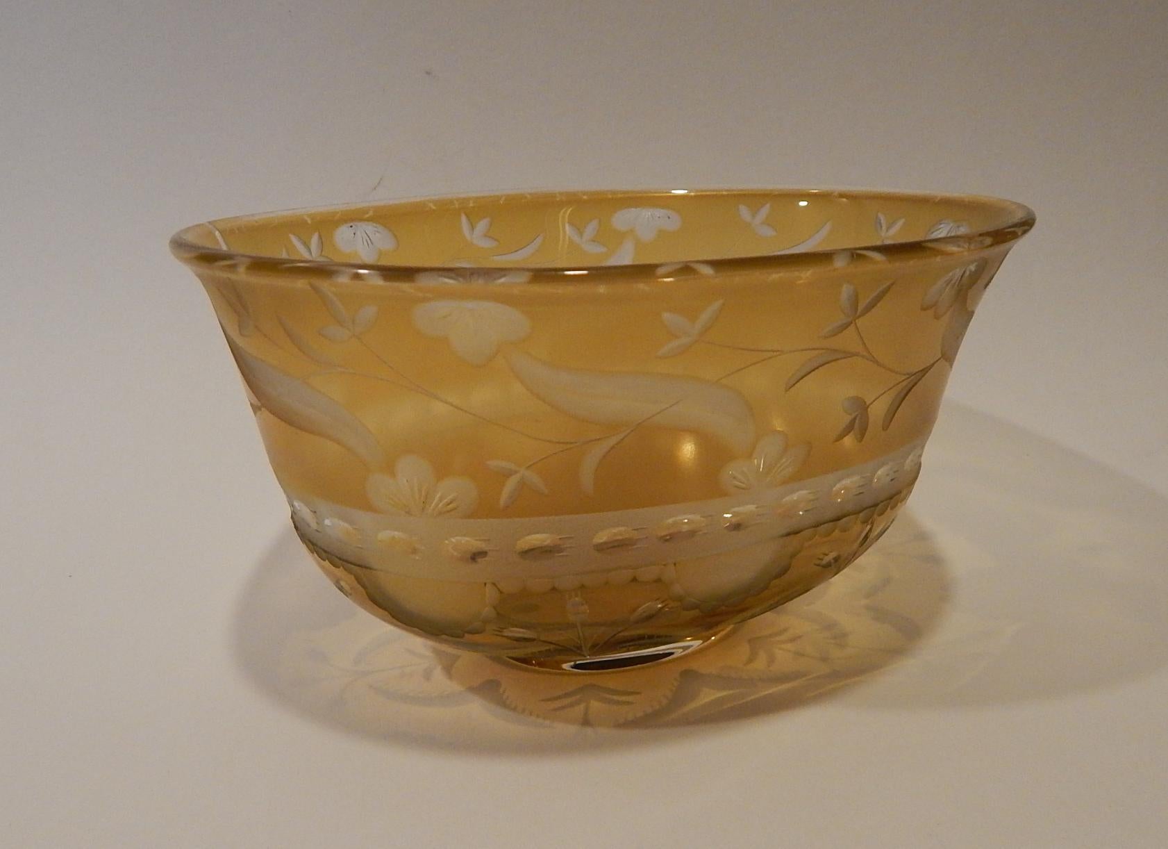 Eva Englund Orrefors Etched Glass Footed Oval Bowl in Yellow For Sale 1