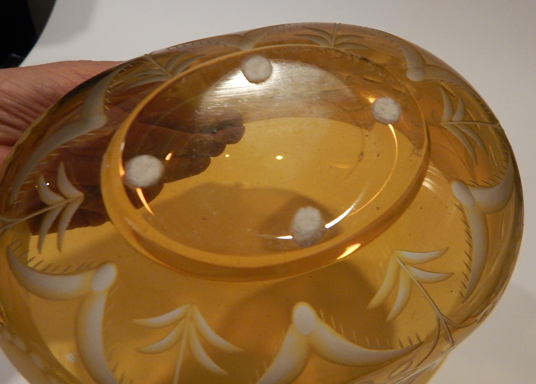 Eva Englund Orrefors Etched Glass Footed Oval Bowl in Yellow For Sale 4