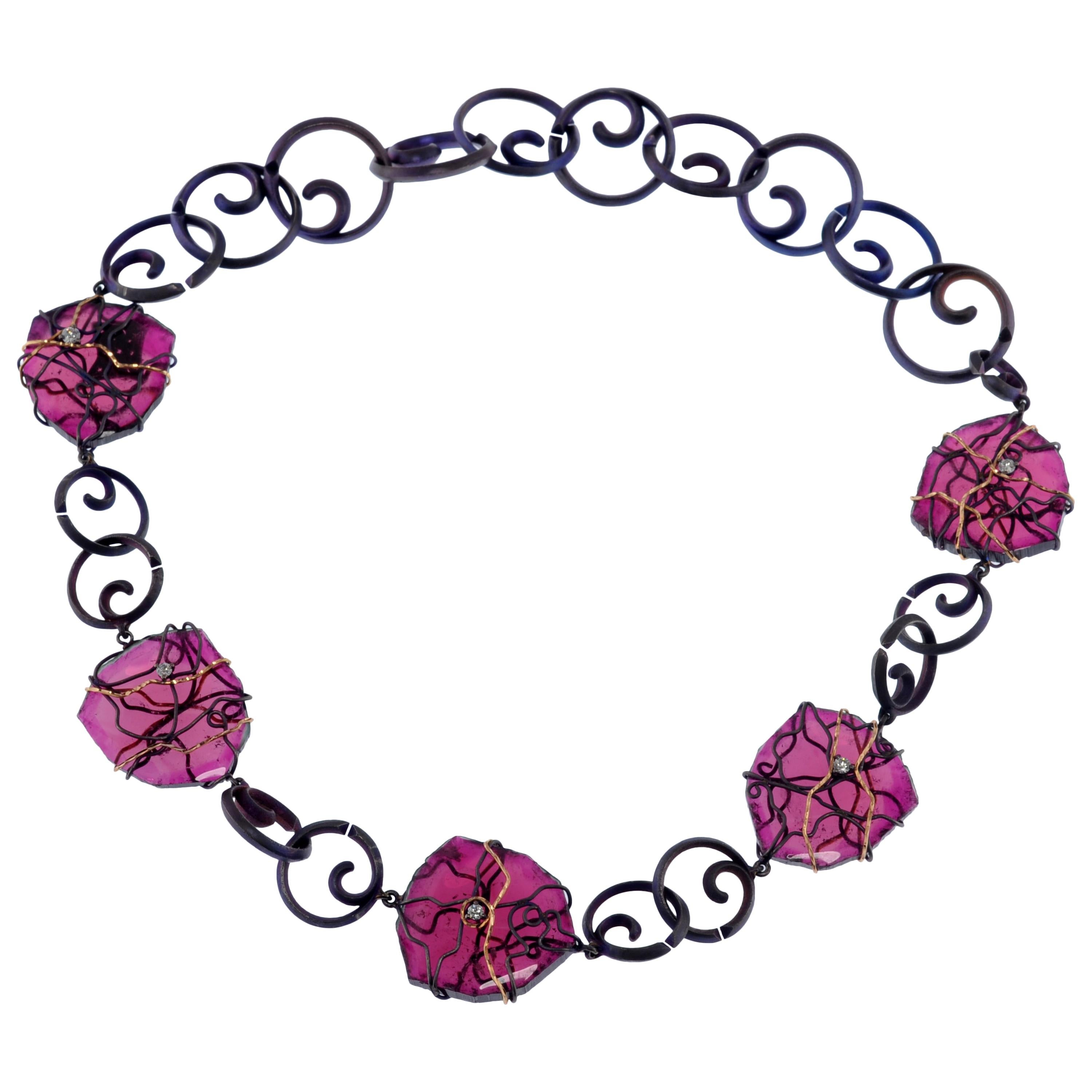 Orsa Maggiore Diamonds, Rubellite, Titanium 18 Karat Gold Necklace For Sale