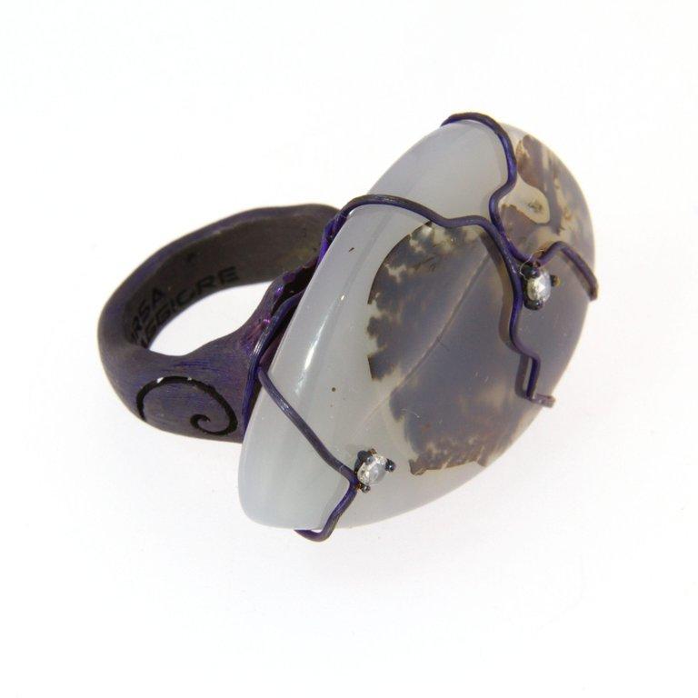 Contemporary Orsa Maggiore Diamonds Titanium Moss Agate Ring For Sale