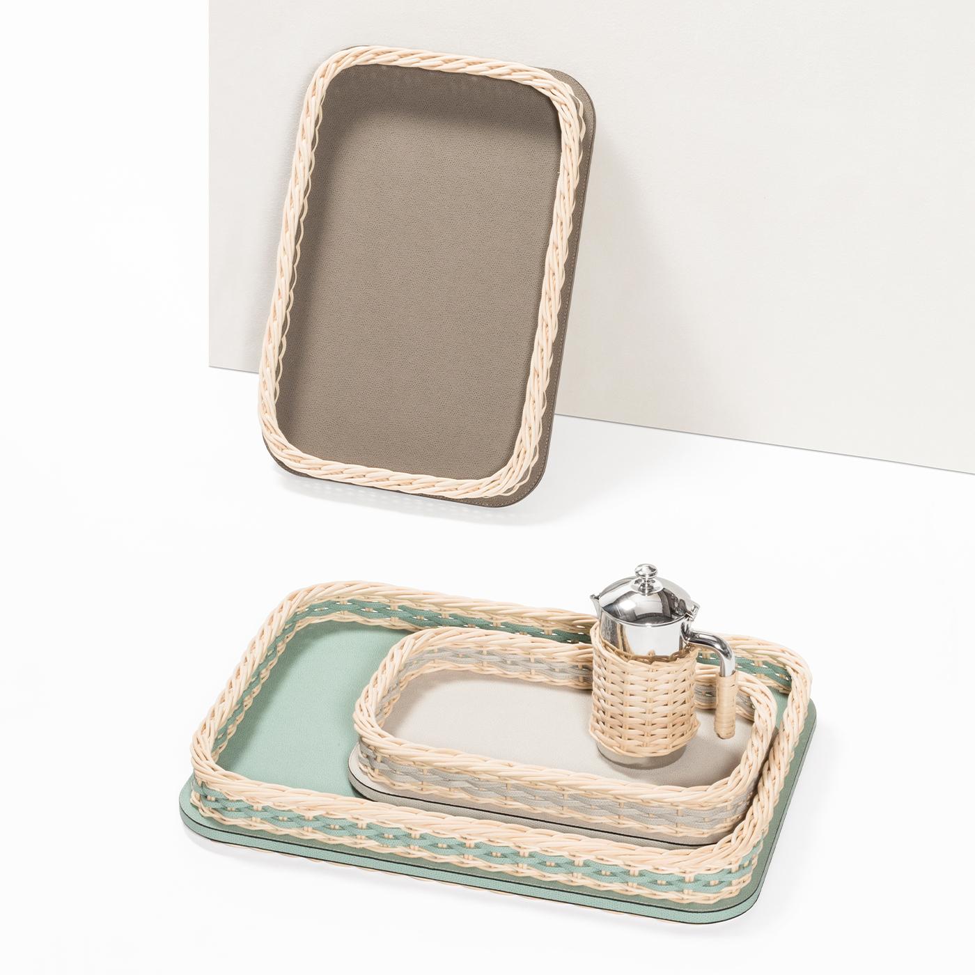 Italian Orsay Beige Leather and Rattan Rectangular Mini Tray For Sale