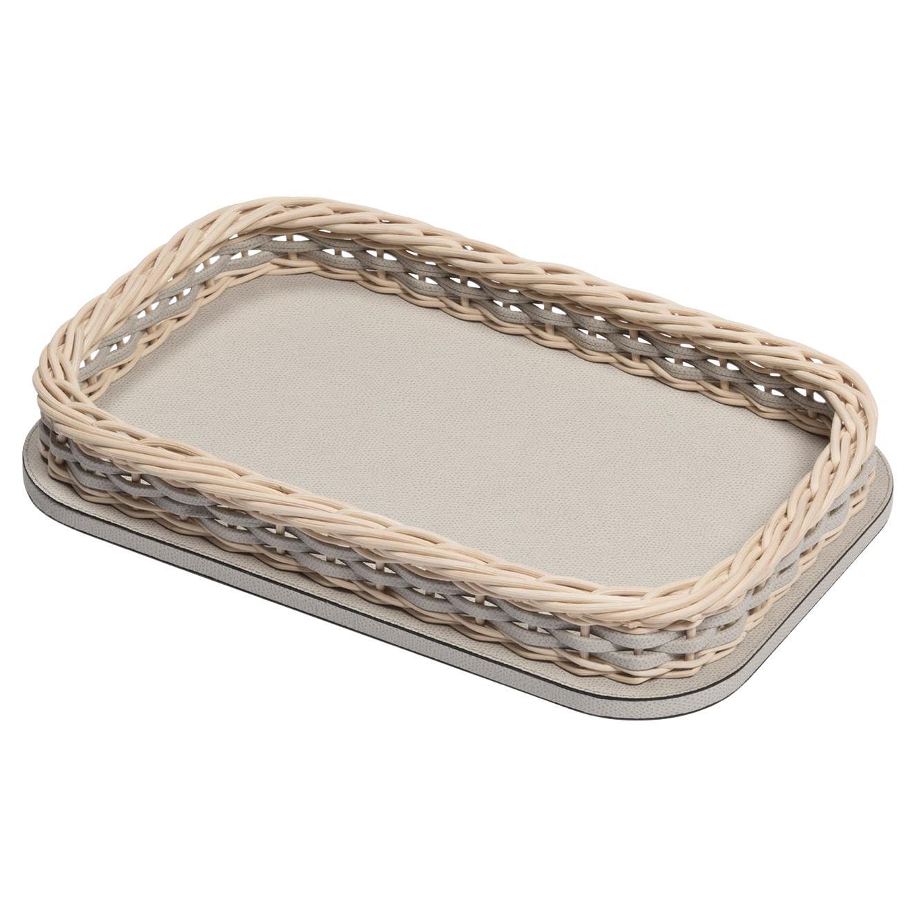 Orsay Beige Leather and Rattan Rectangular Mini Tray