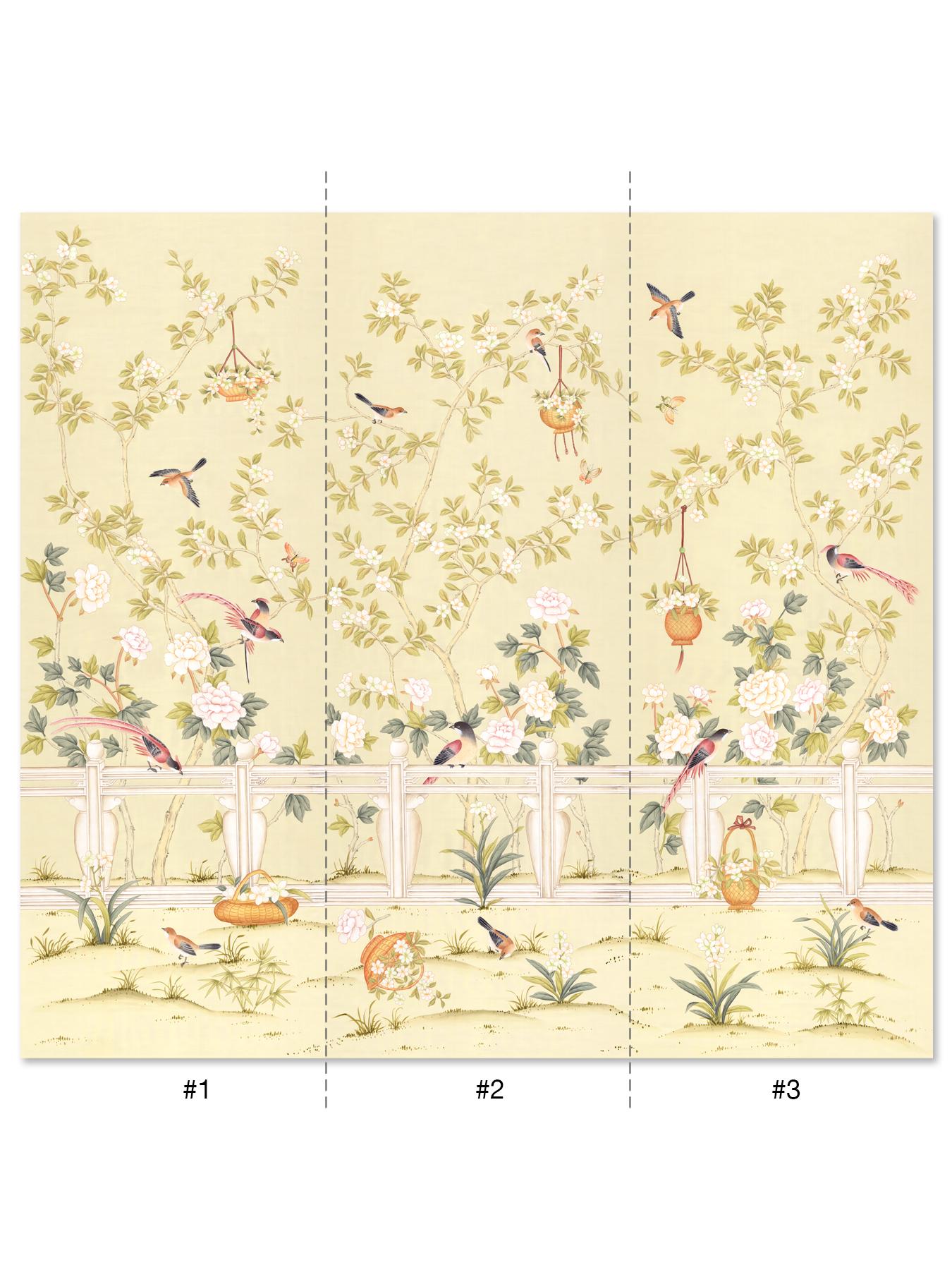 Based on a Classic design, Orsay Garden is a quintessential chinoiserie mural. Painted in cheerful spring tones on a sunny yellow silk ground, Orsay Garden exudes elegance and charm. The mural is comprised of three separate panels of paper, each 3
