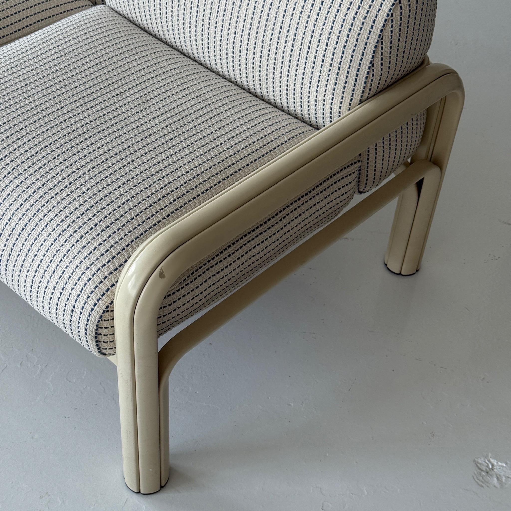 c. 1970s. USA. White powdercoated frame with woven white/ blue fabric. 

