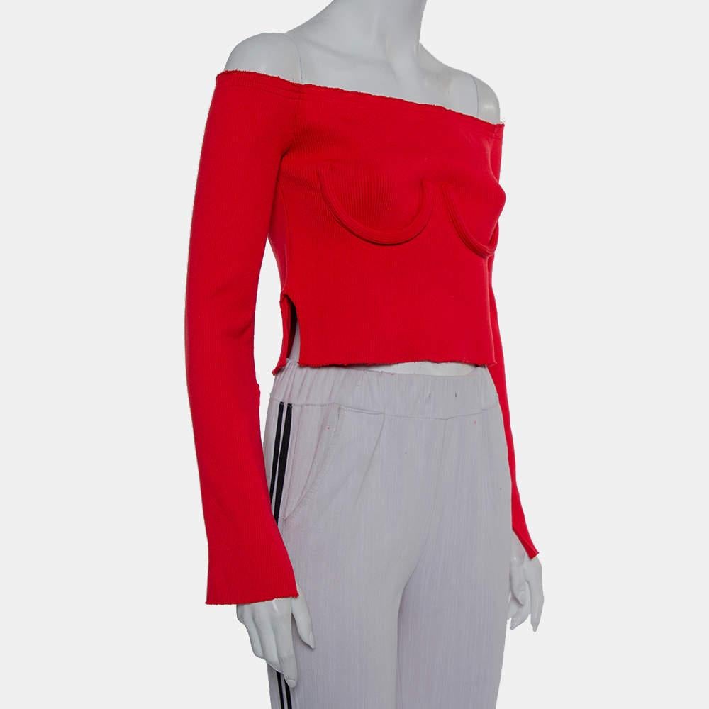 An off-shoulder crop top by Orseund Iris made from stretch fabric and featuring underwire details, long sleeves with slit, and frayed edges. In the label's words: This is an original, just like you.