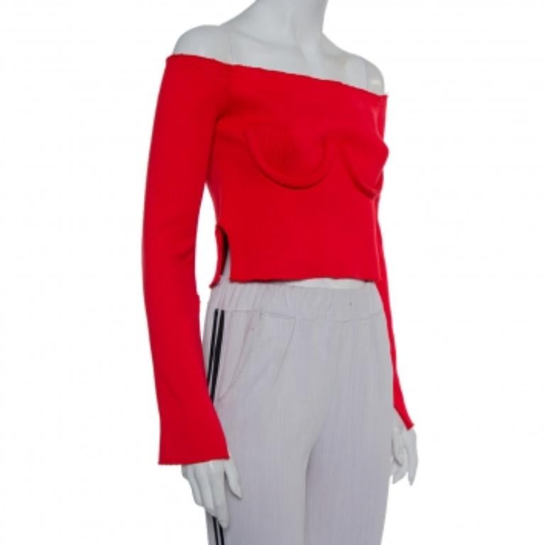 Orseund Iris Red Knit Off Shoulder Crop Top M For Sale 2