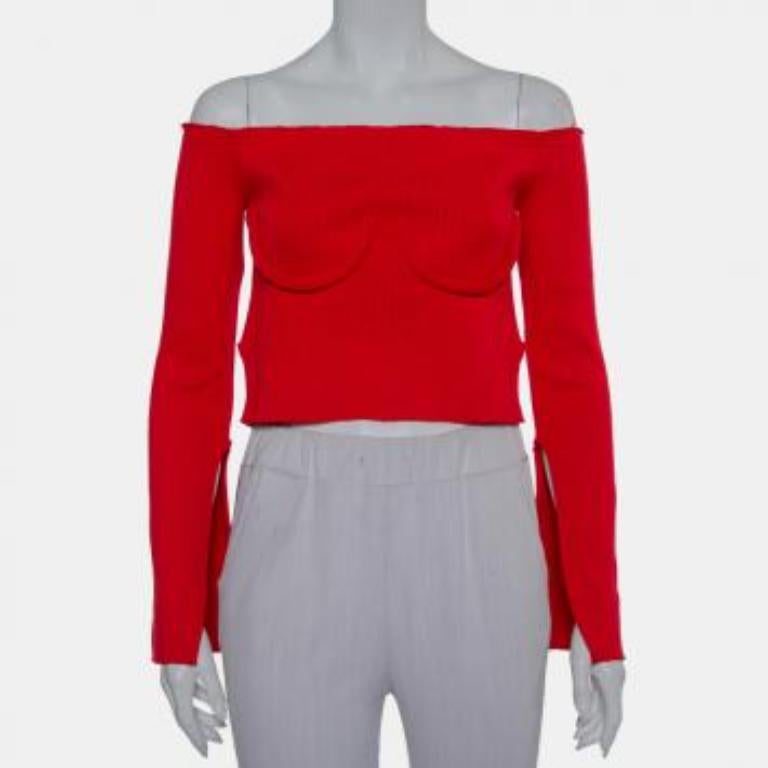 Orseund Iris Red Knit Off Shoulder Crop Top M For Sale 4