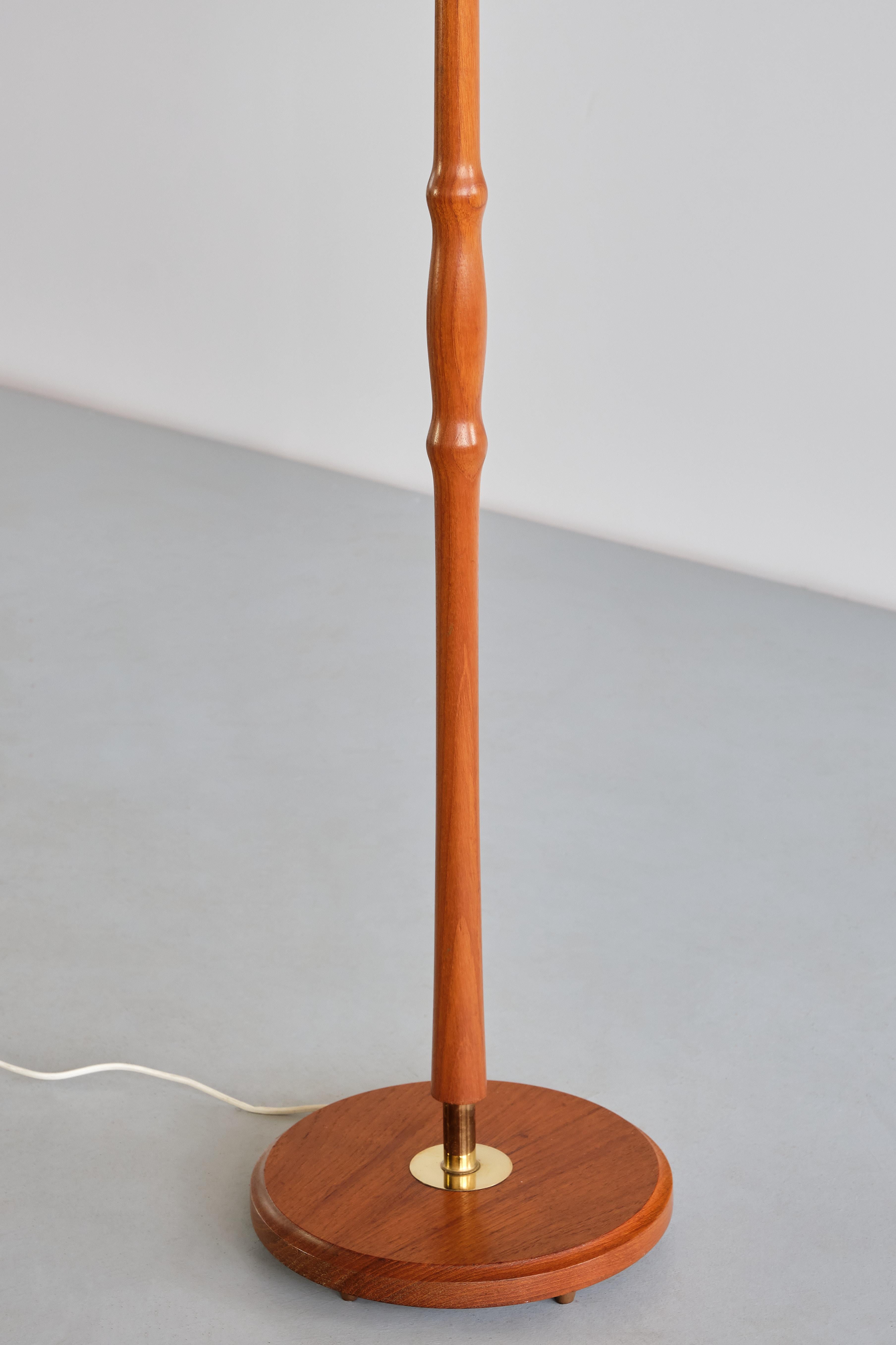 Mid-20th Century Örsjö Armatur Teak and Brass Floor Lamp with Josef Frank Shade, Sweden, 1950s For Sale