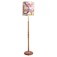 Örsjö Armatur Teak and Brass Floor Lamp with Josef Frank Shade, Sweden, 1950s