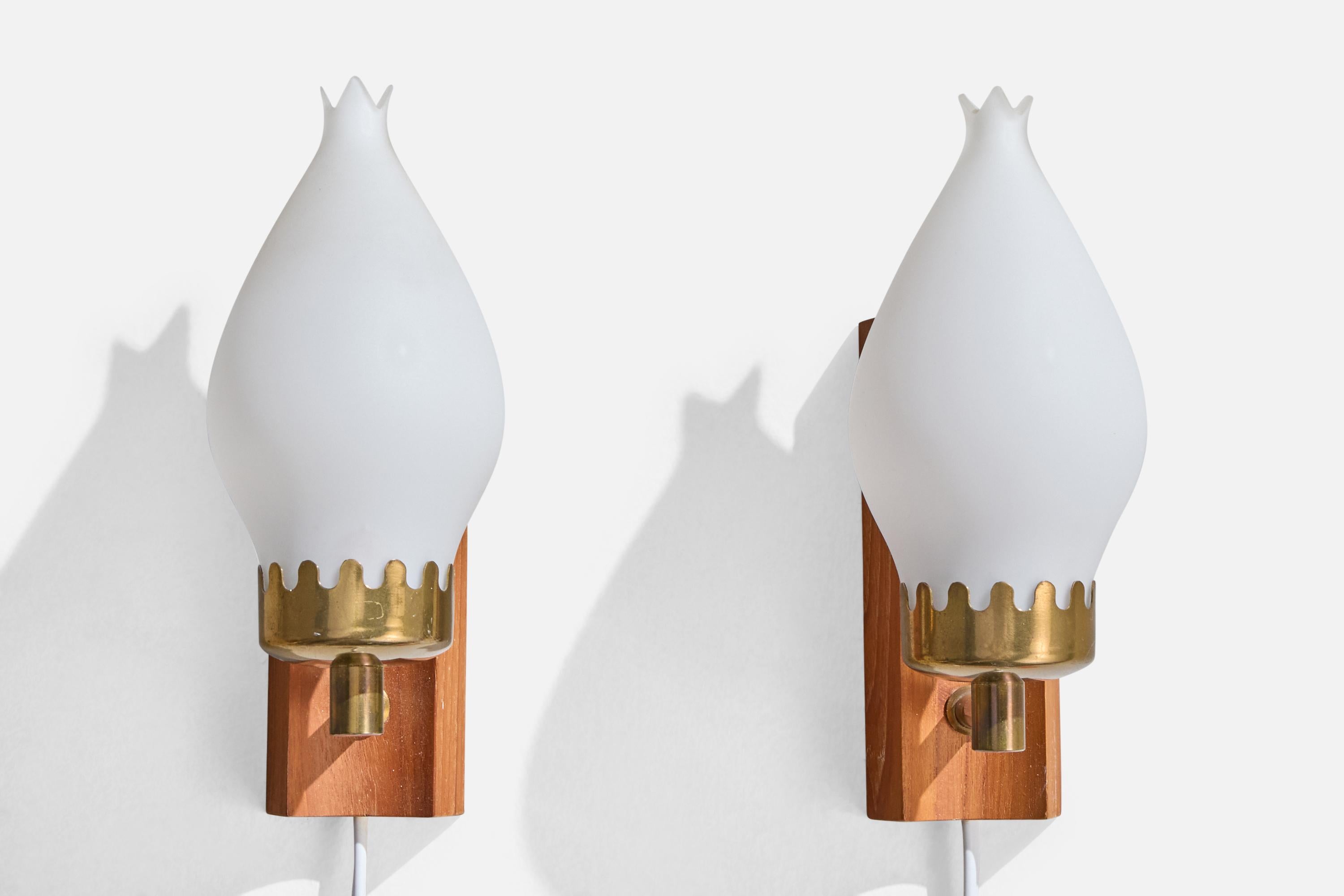 Mid-Century Modern Örsjo Industri, Wall Lights, Teak, Brass, Glass, Sweden, 1950s For Sale