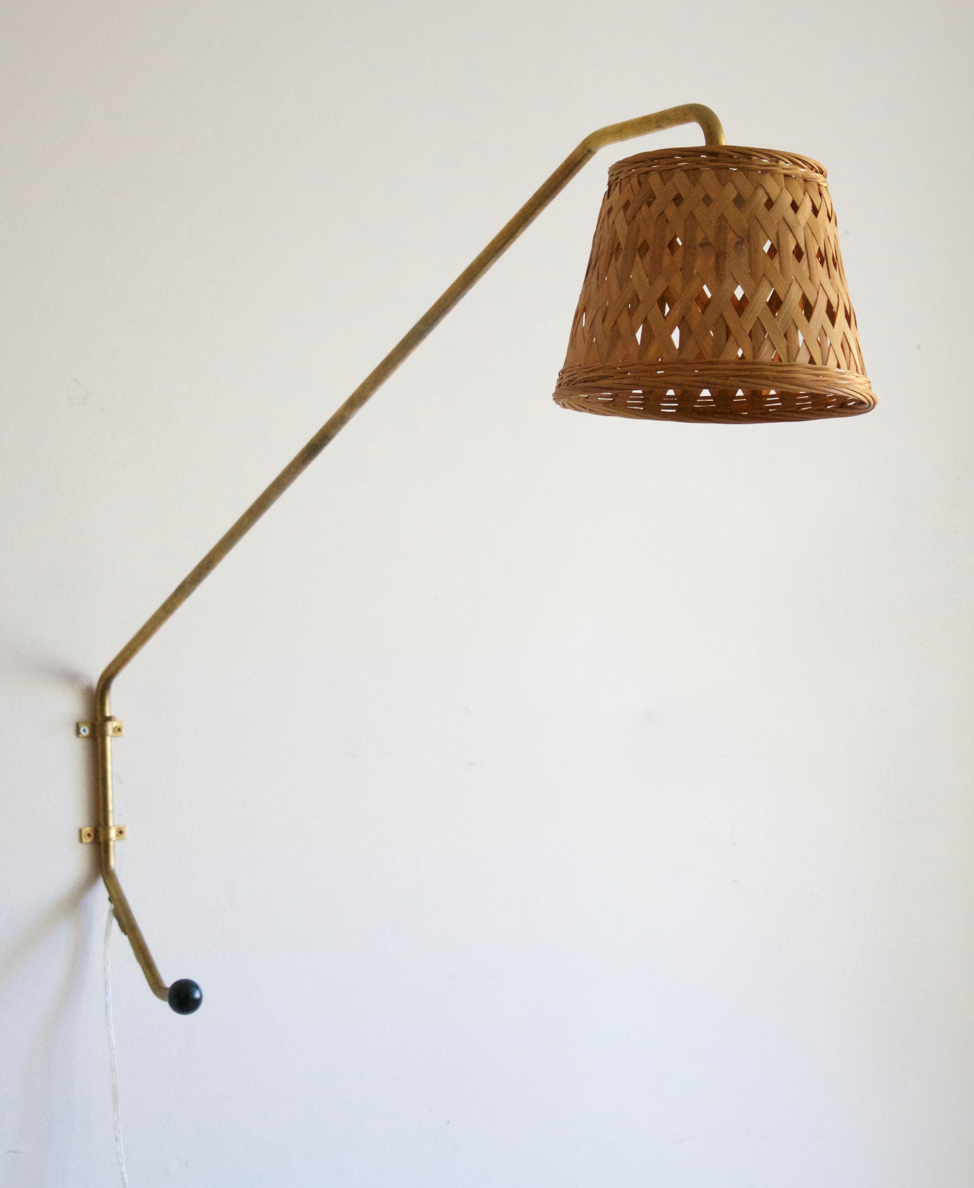 Orsjö, Unique Sizaeble Wall Light, Brass, Lacquered Metal Rattan, Sweden, 1980s In Good Condition In High Point, NC