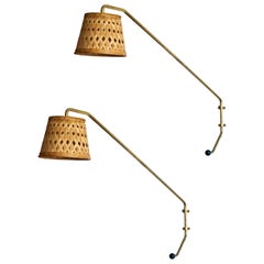 Orsjö, Unique Sizaeble Wall Lights, Brass, Lacquered Metal Rattan, Sweden, 1980s
