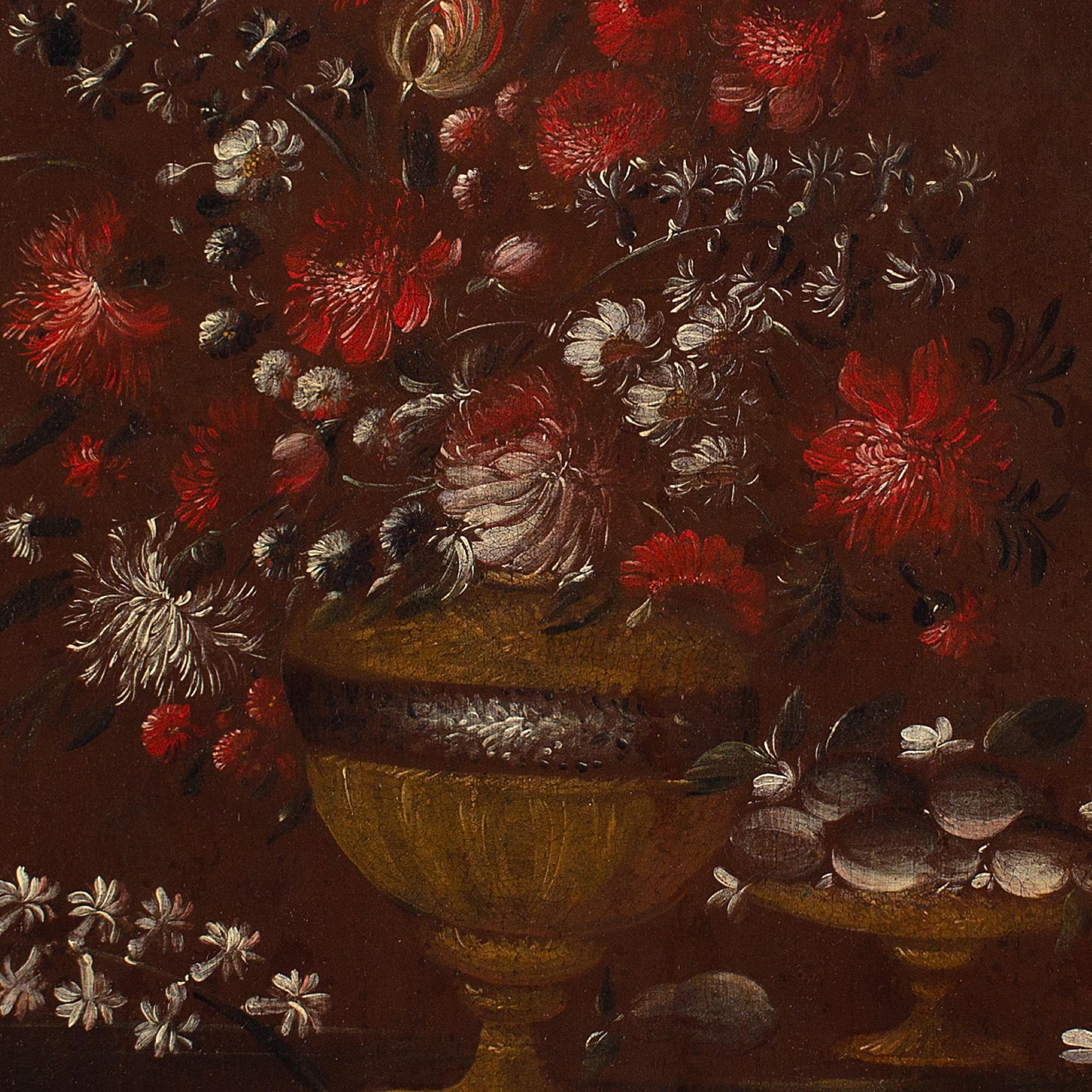 Bodegón con flores, pintura al óleo, escuela italiana del siglo XVII 1