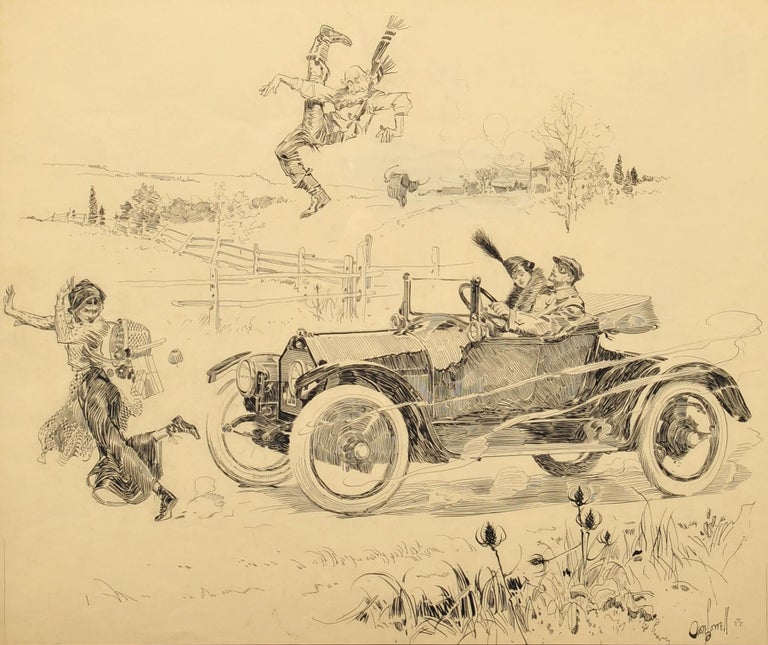 The Car Chase Cartoon - Painting by Orson Lowell