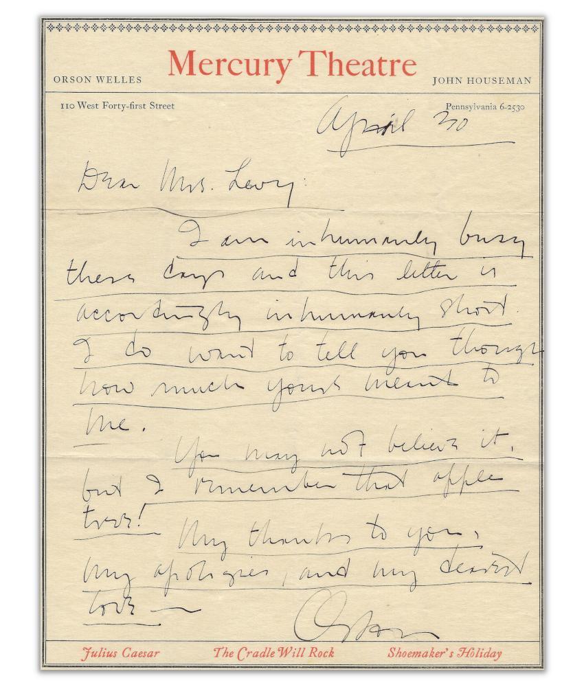 A twice-signed, handwritten letter by Orson Welles
Orson Welles (1915 - 1985) was an actor, writer, director and producer, renowned as one of the most important creative figures of the 20th century.

Welles is regarded by many as the greatest