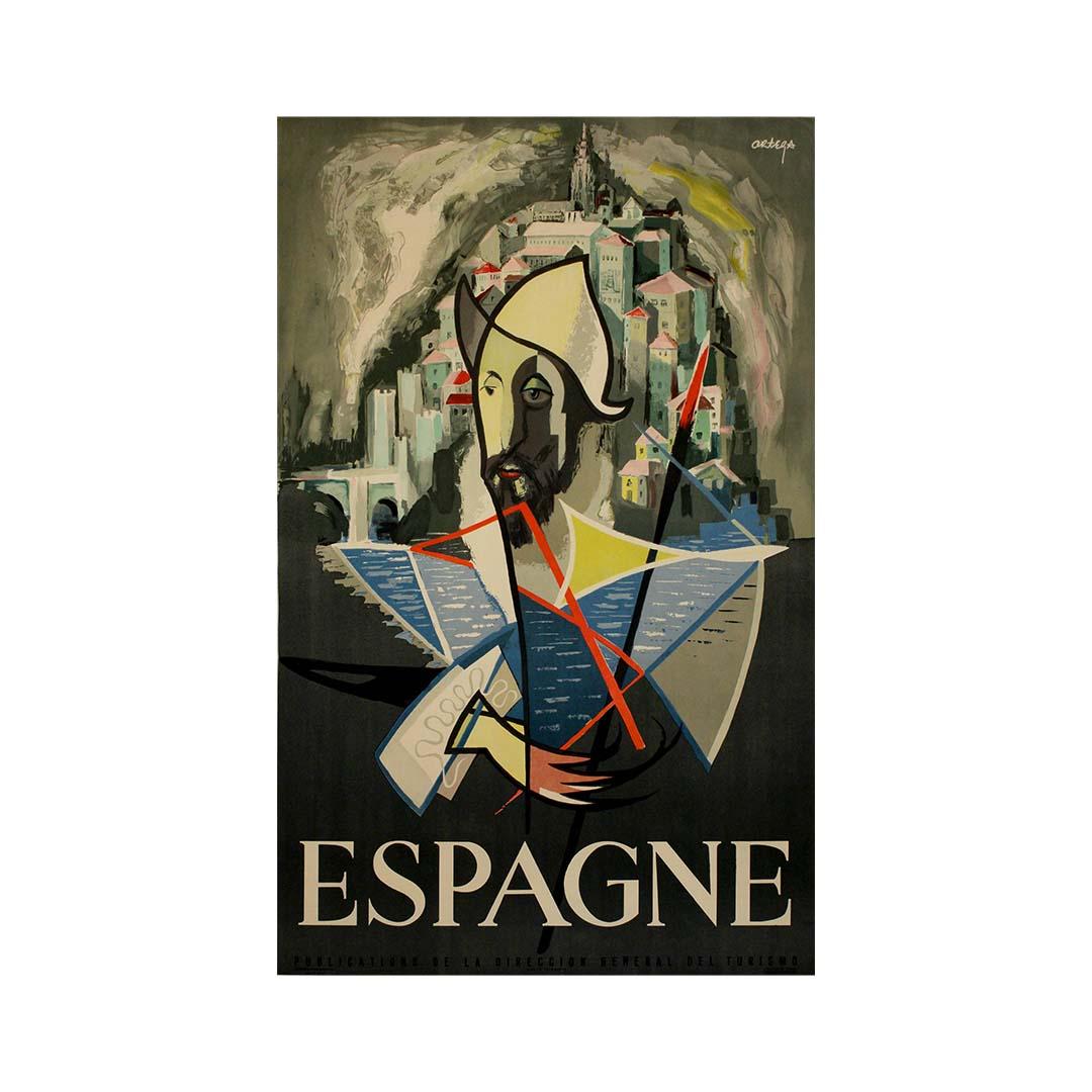 This stunning circa 1960 original travel poster by the Spanish artist Ortega captures the romantic and legendary spirit of Spain through a bold and modern depiction of Don Quixote, the quintessential figure of Spanish literature.

Commissioned by