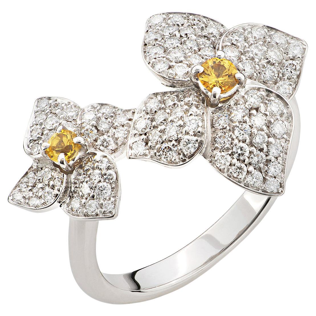 18 Carat White Gold, Diamonds and Yellow Sapphires, Flower Jewelry, Ortensia Ring For Sale
