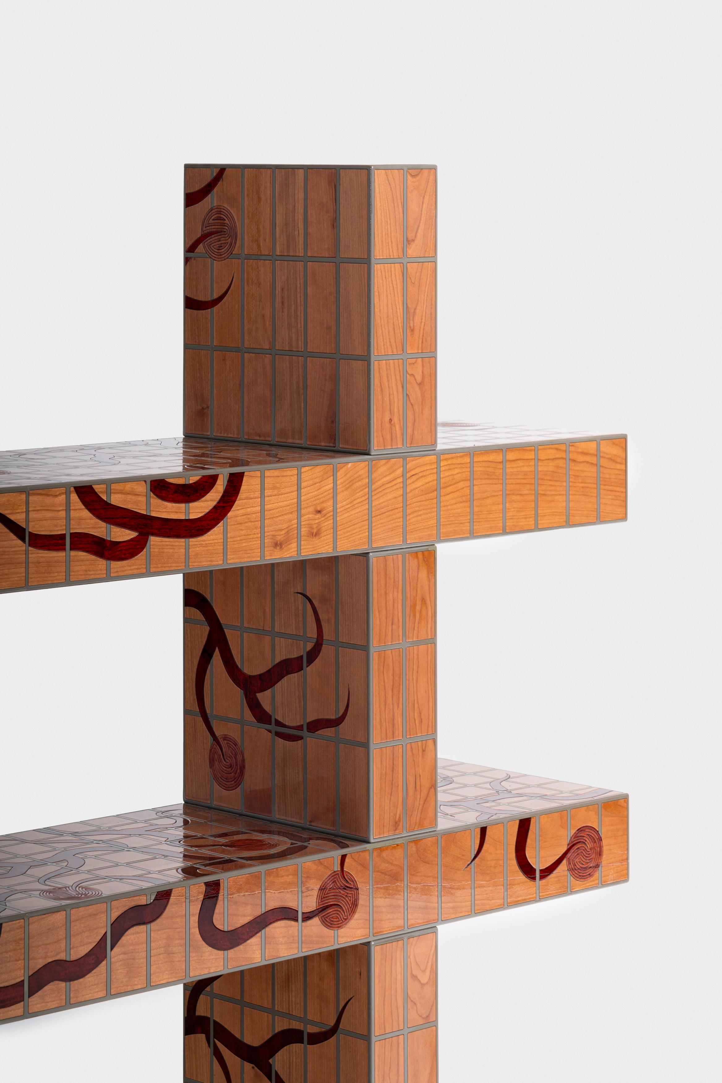 As a study in scale, the shelf expands upon the language of the other pieces,
amplifying its complexity into a larger architectural piece. The interplay
between the grid, the vine, and the geometric framework unfolds across
exponential surfaces