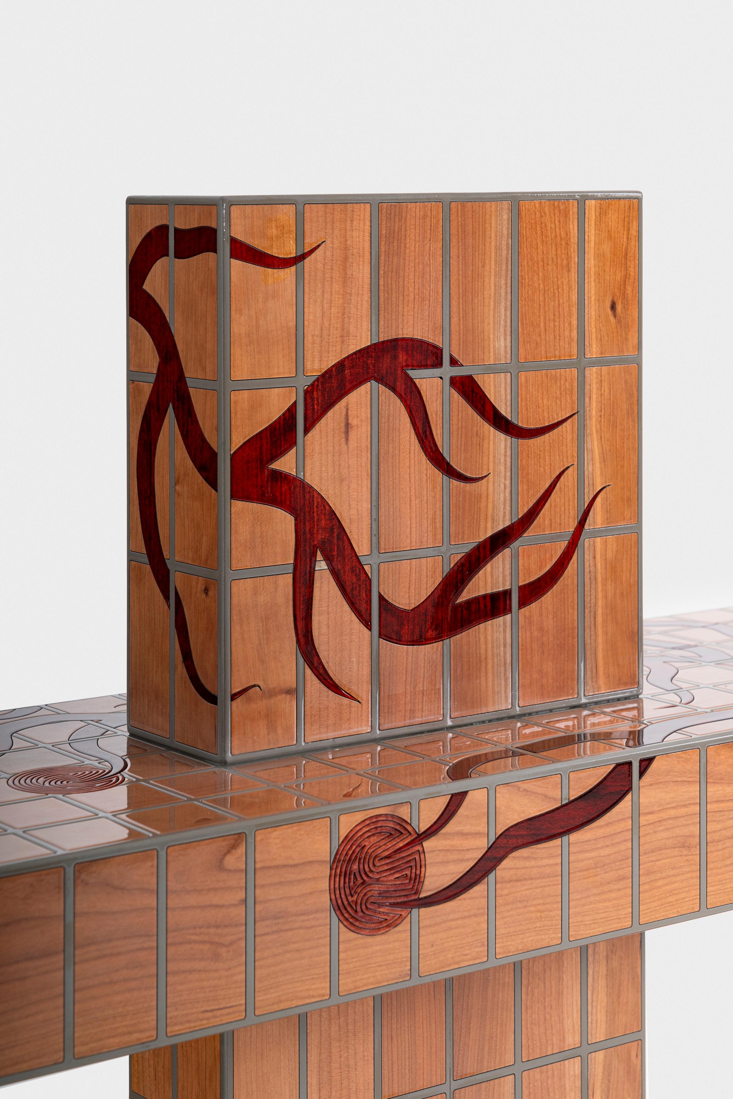Inlay Orvalho Bookshelf in inlaid cherry lacquered wood with pattern by Laurids Gallée For Sale
