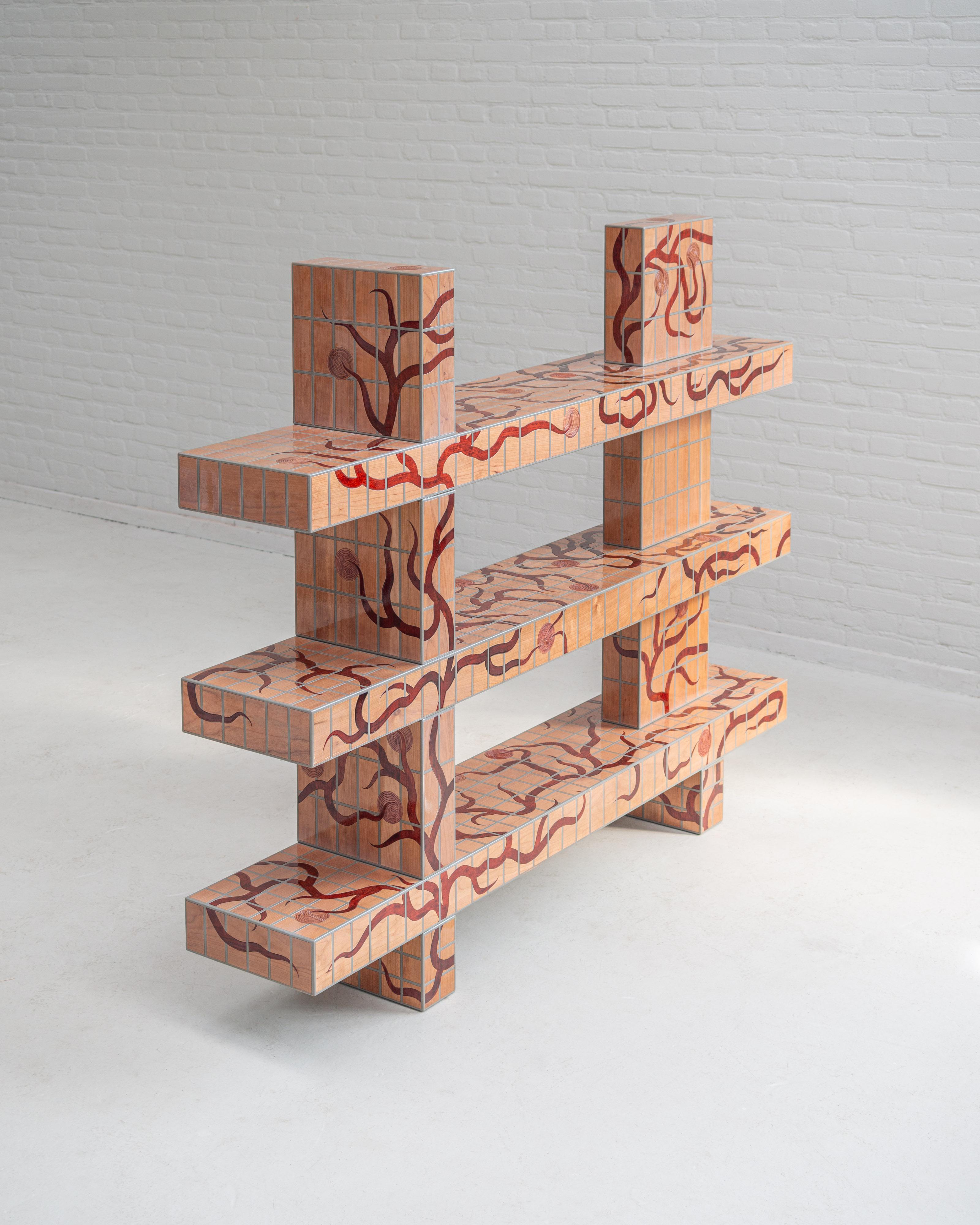 Wood Orvalho Bookshelf in inlaid cherry lacquered wood with pattern by Laurids Gallée For Sale