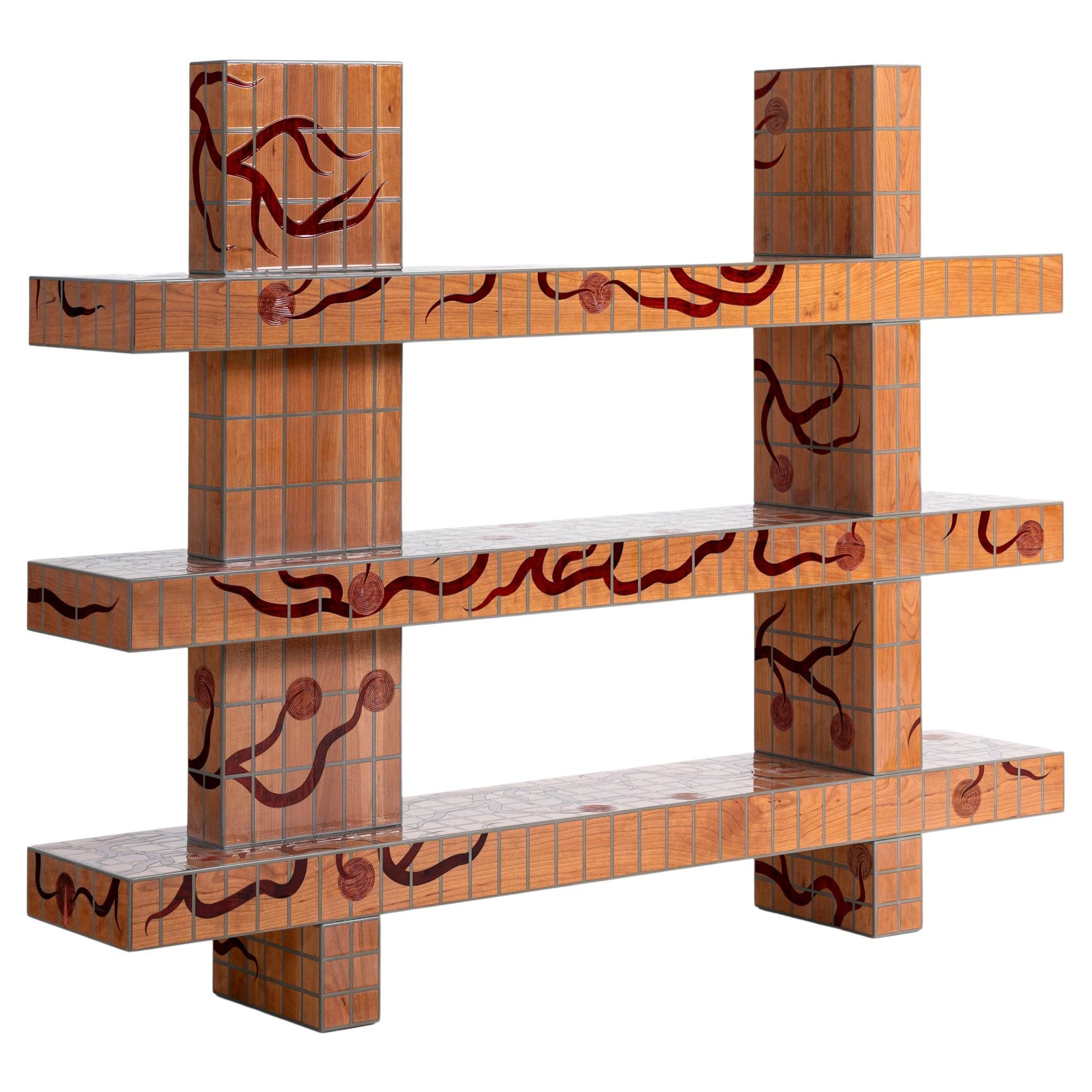 Orvalho Bookshelf in inlaid cherry lacquered wood with pattern by Laurids Gallée For Sale