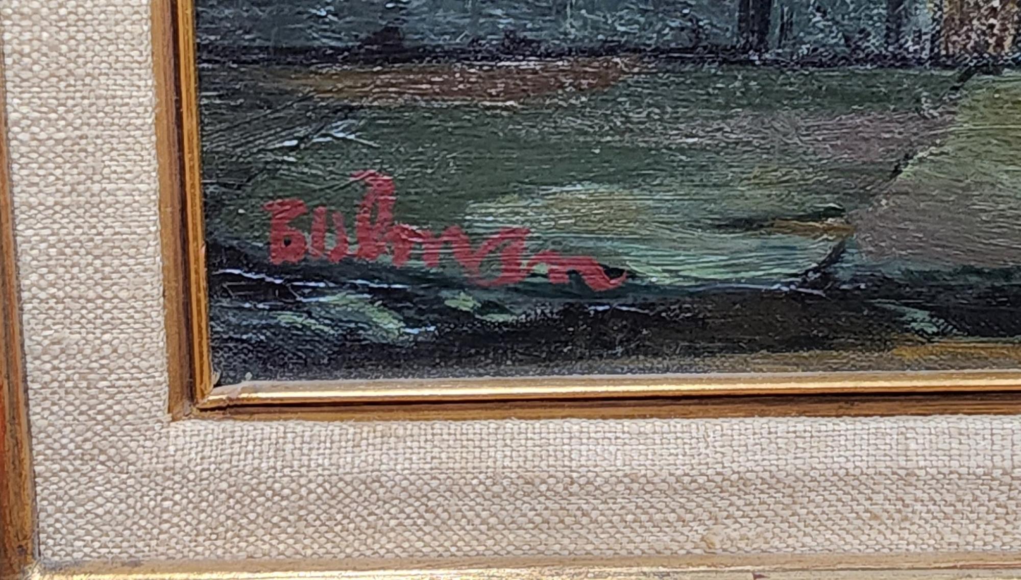 Kleine Mutter, junges schwarzes Mädchen, das die Kutsche durch die Stadt schiebt (Amerikanische Moderne), Painting, von Orville Bulman