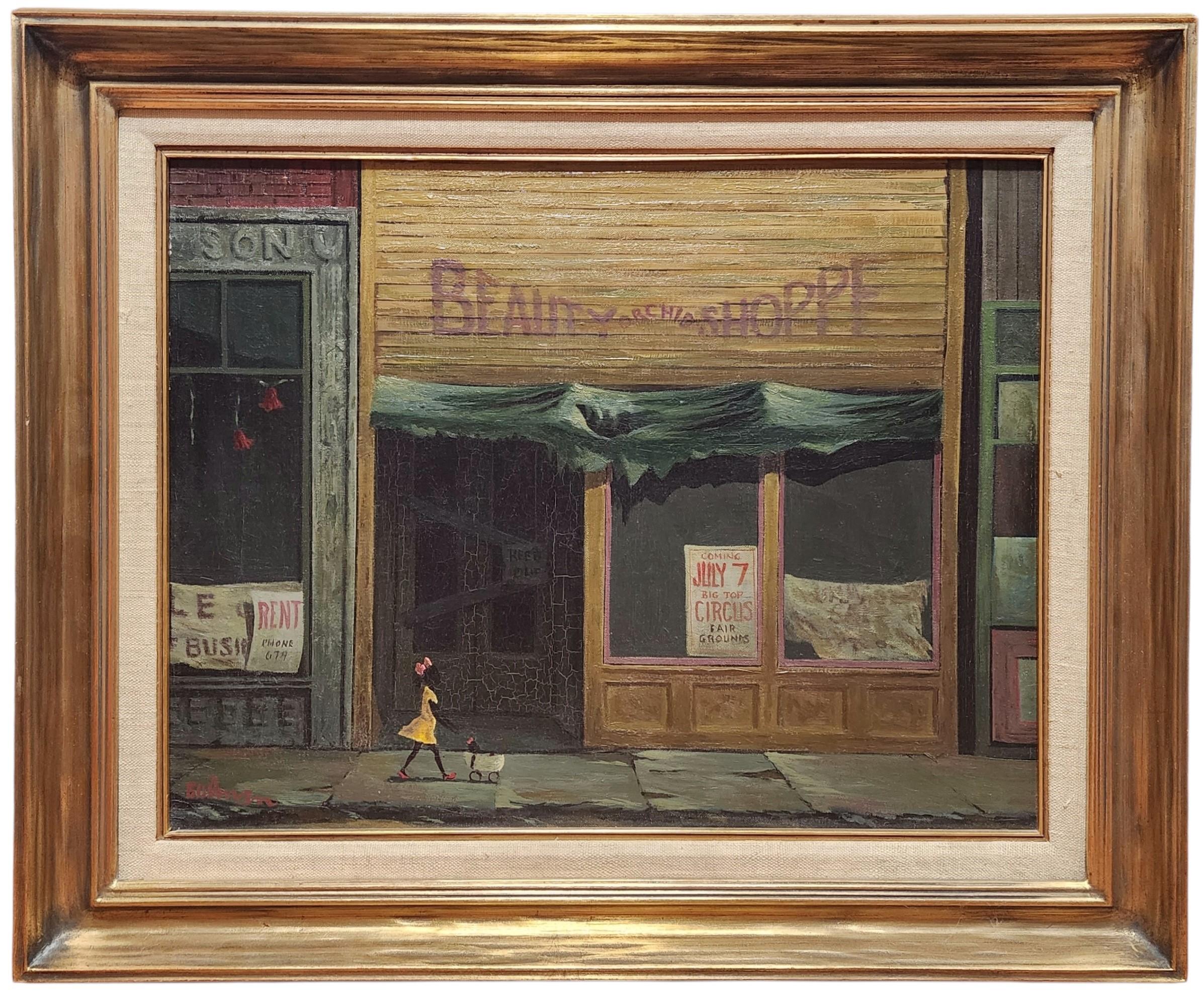 Orville Bulman Landscape Painting – Kleine Mutter, junges schwarzes Mädchen, das die Kutsche durch die Stadt schiebt