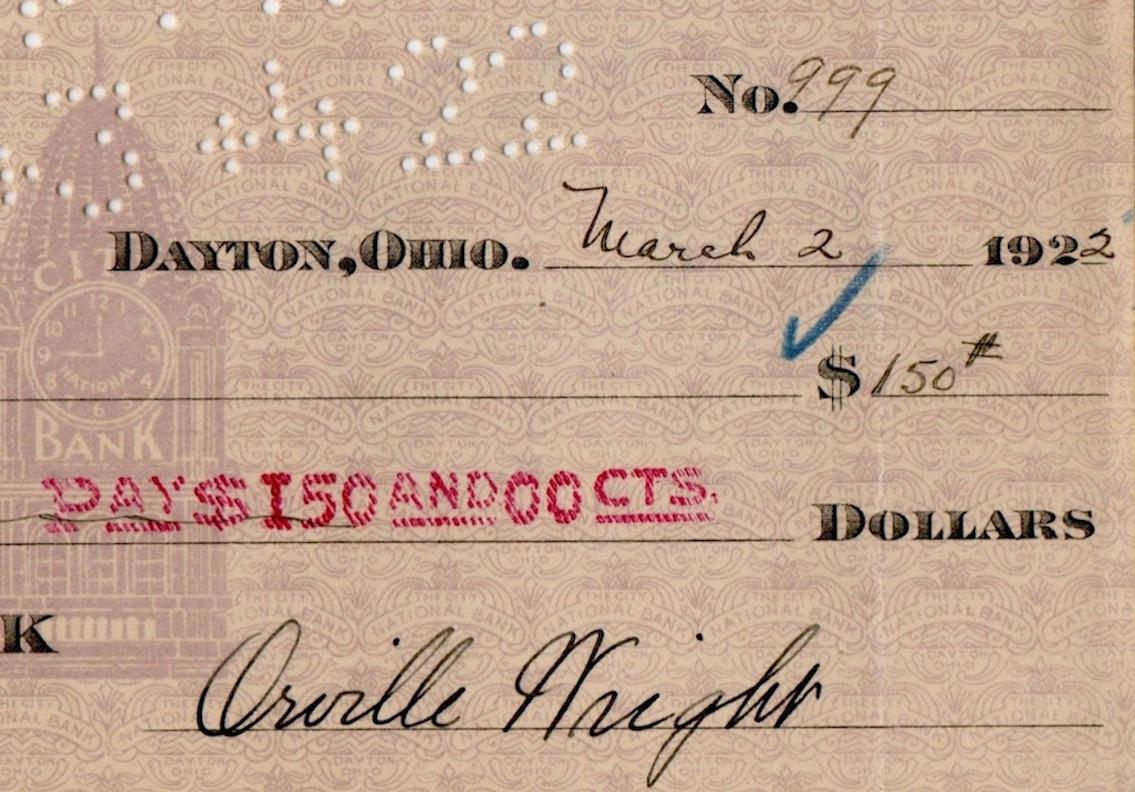 This is an original check, signed ‘'Orville Wright”. An aviation Pioneer, Orville Wright piloted the first motor-powered airplane, which he developed with his older brother Wilbur, at Kitty Hawk in 1903. 

The check is for the sum of $150.00,