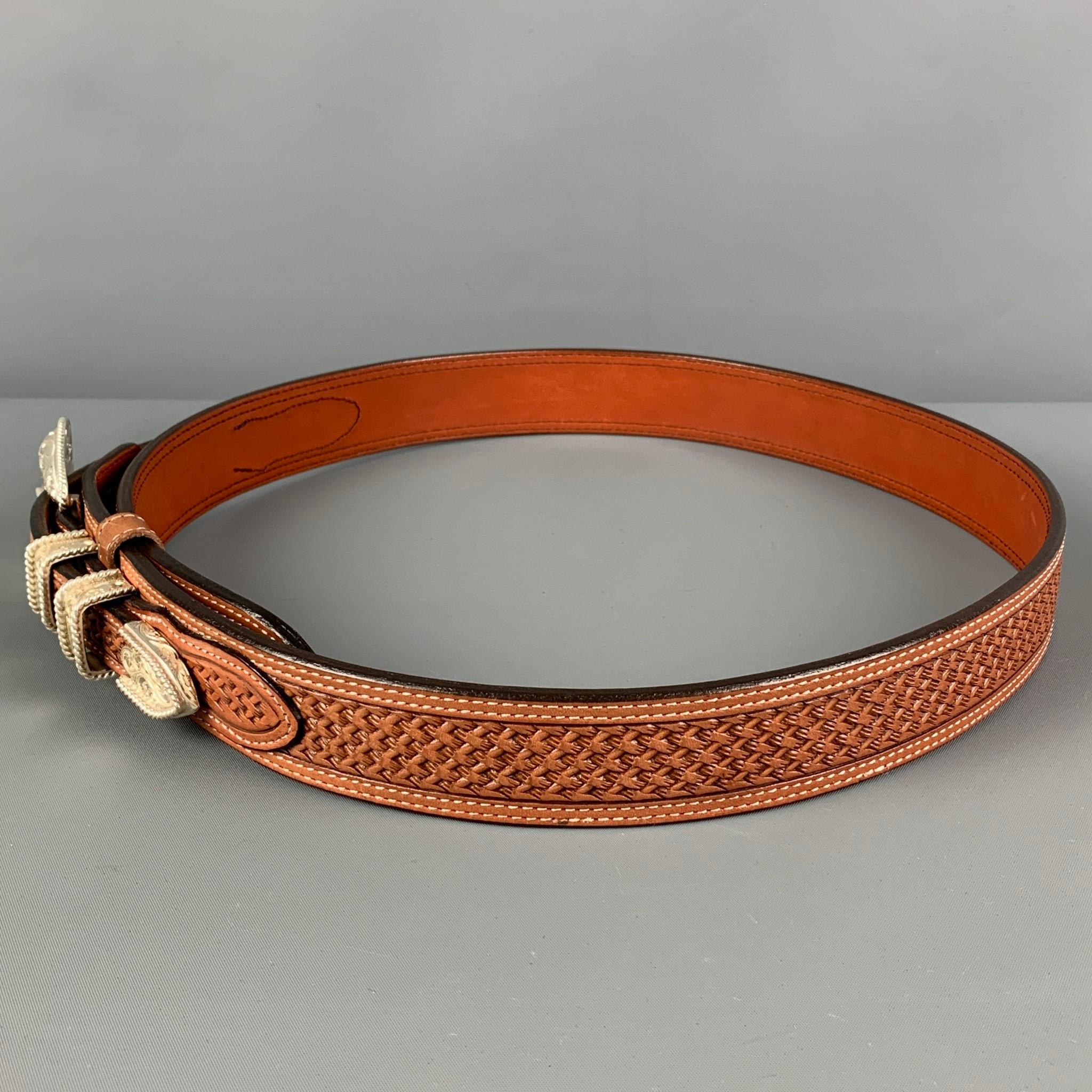 ORVIS Size 36 Brown Textured Leather Sterling Silver Belt In Excellent Condition In San Francisco, CA