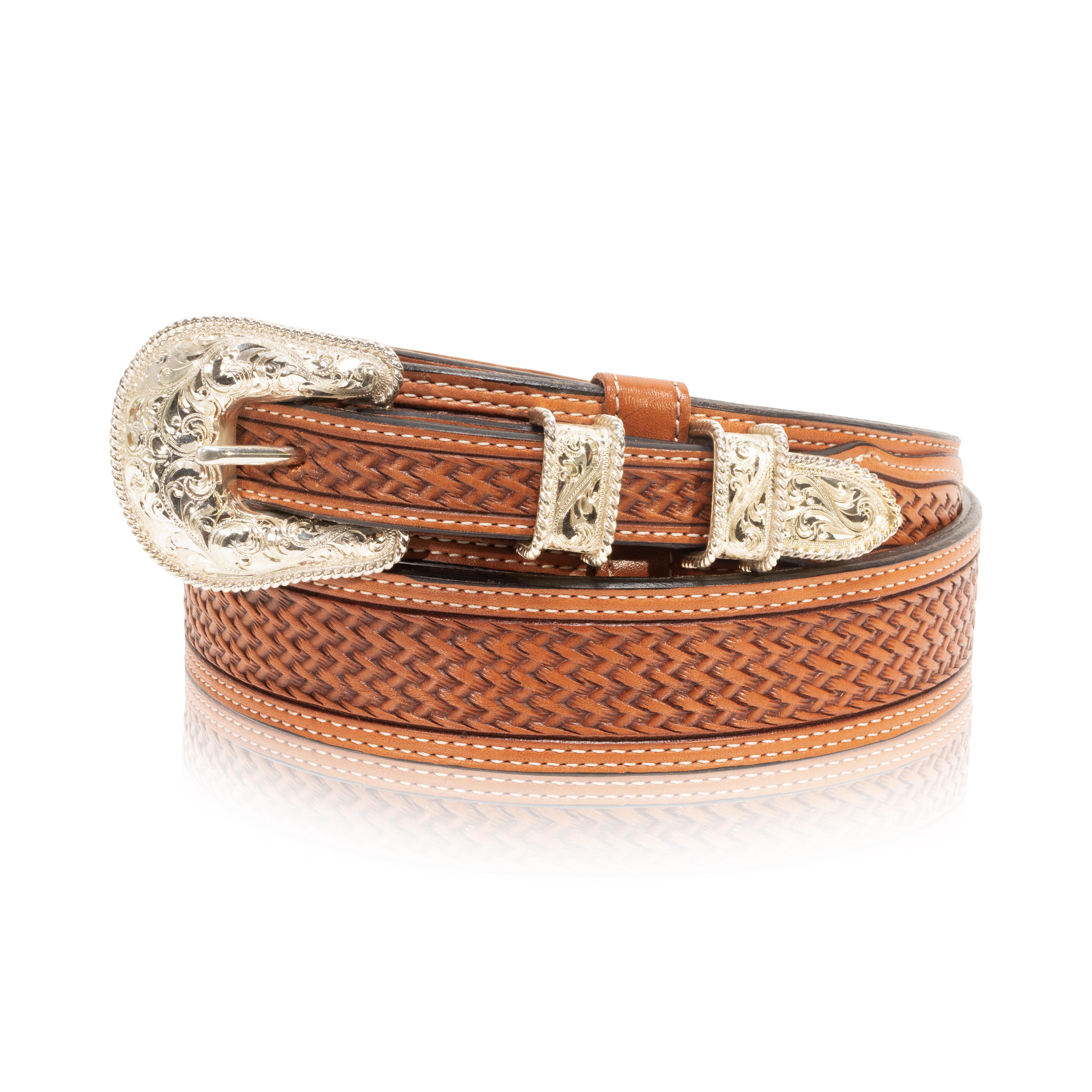 Orvis sterling buckle set on chocolate basket weave leather belt. Buckle features elborate scrolled silver work with rope border that is mirrored on loops and end piece. Stamped 