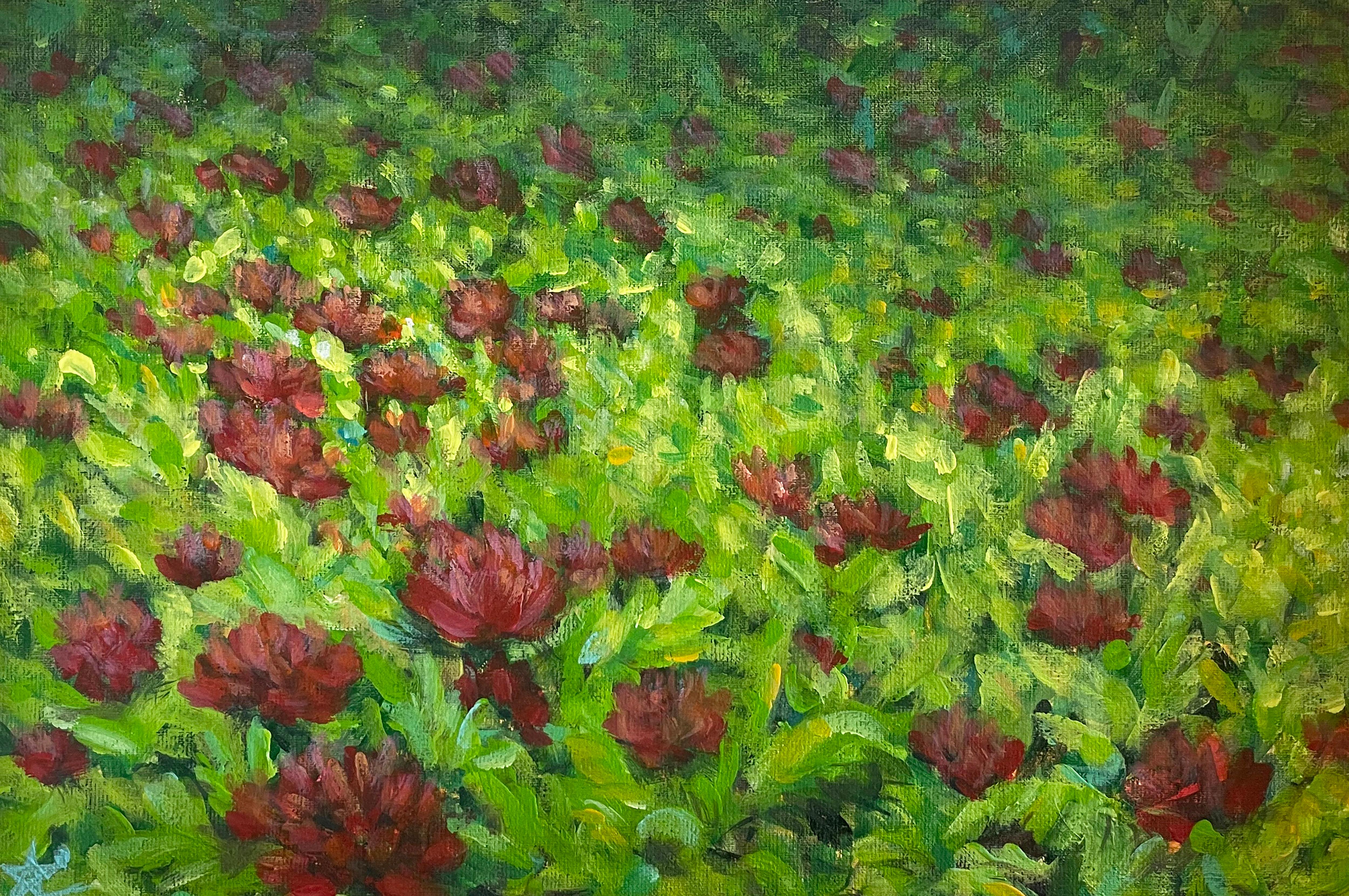 Peonie e rugiada . Dittico di dipinti originali in cornice di Wood. - Landscape Painting Marrone di Oryslava Zvonko