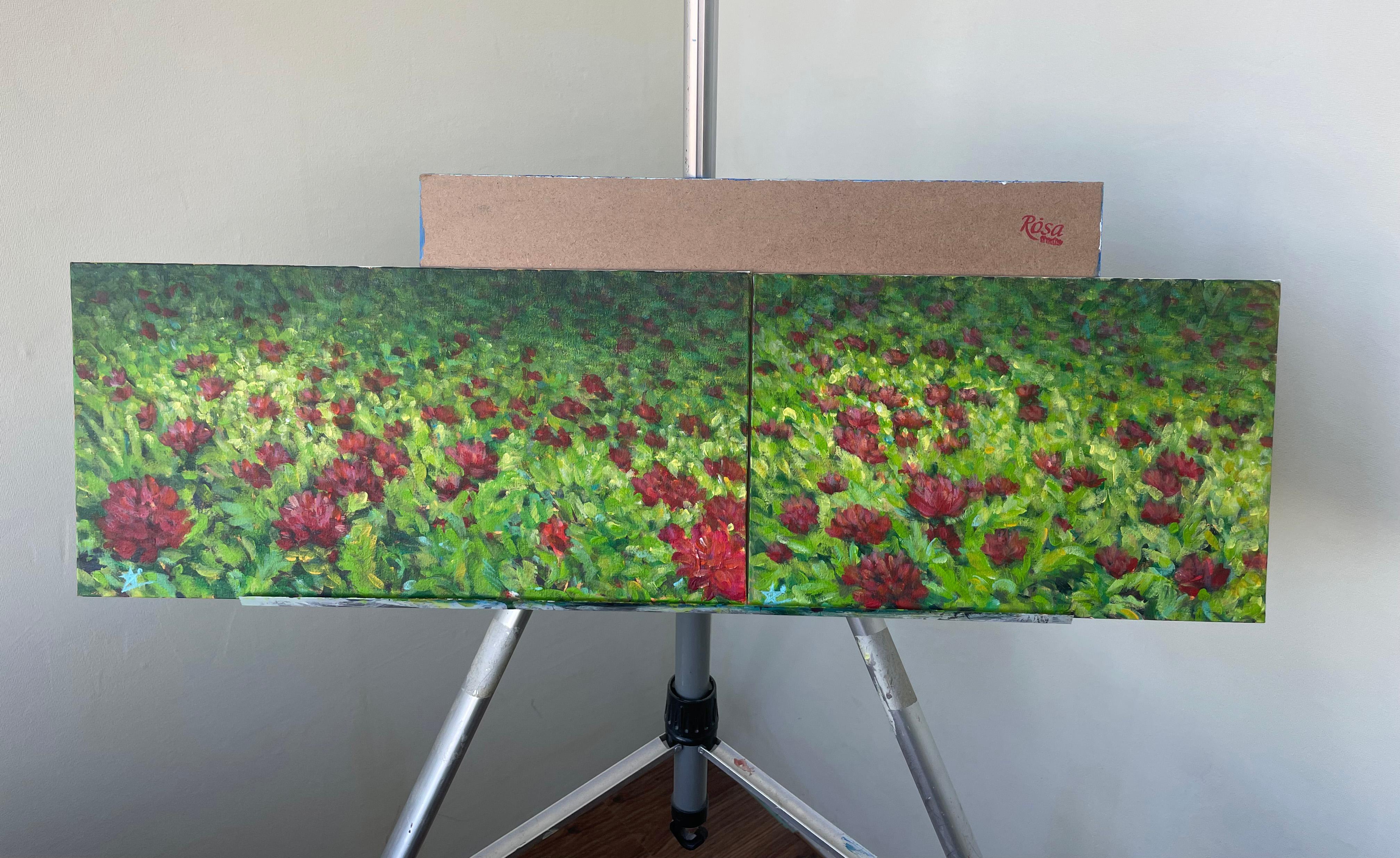 Peonie e rugiada . Dittico di dipinti originali in cornice di Wood. in vendita 2