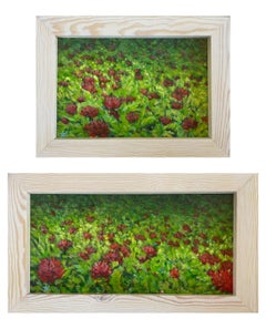 Peonie e rugiada . Dittico di dipinti originali in cornice di Wood.