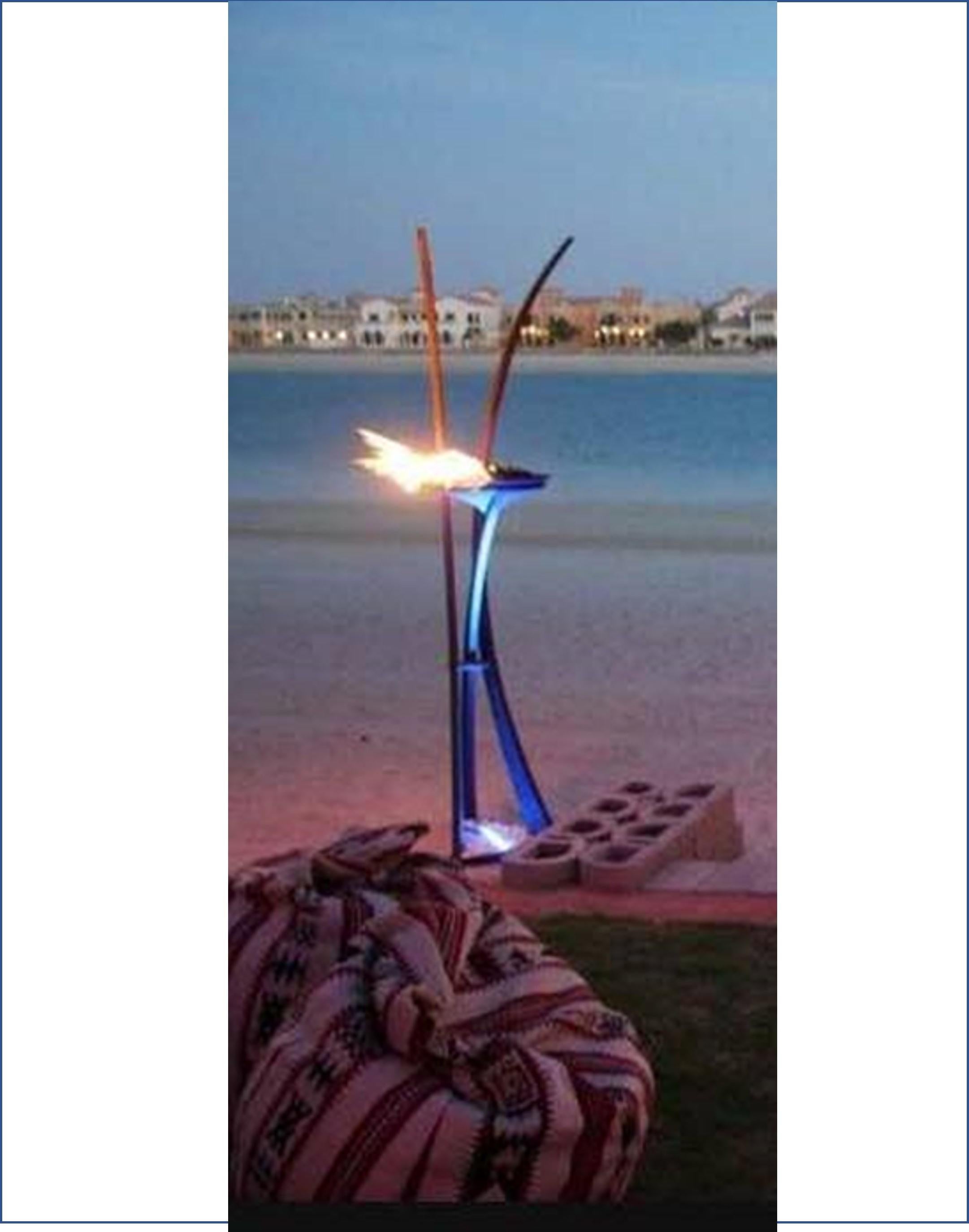 Designed by Beau McClellan; sculptor, blacksmith, lighting designer, renaissance man. The Oryx is both sculpture and functional fixture, appearing both delicate and solid, it can be fitted for natural gas or propane. A color-changing lamp is