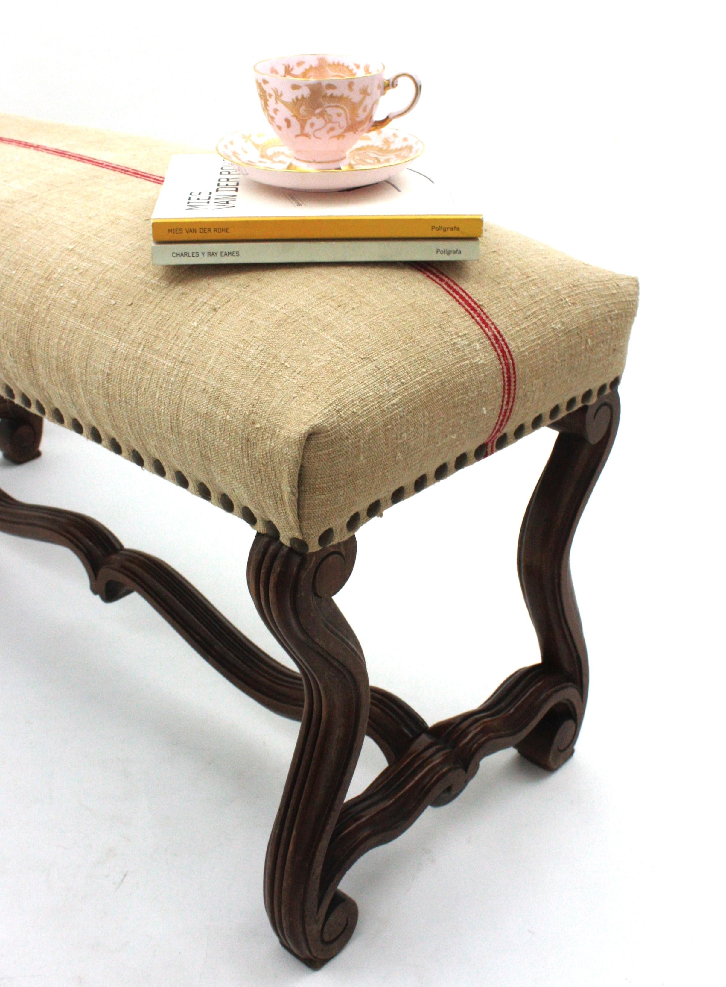 20th Century Os de Mouton Louis XIV Walnut Bench with French Linen Upholstery For Sale