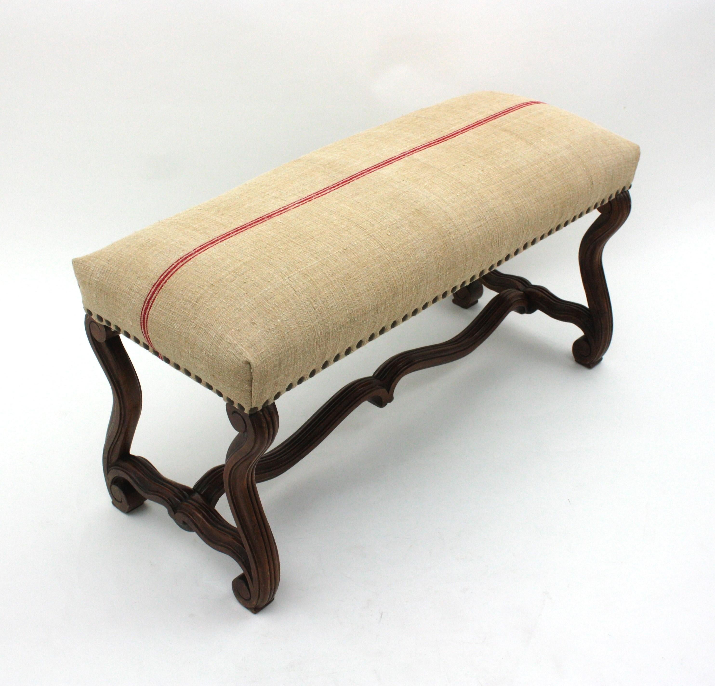Fabric Os de Mouton Louis XIV Walnut Bench with French Linen Upholstery For Sale