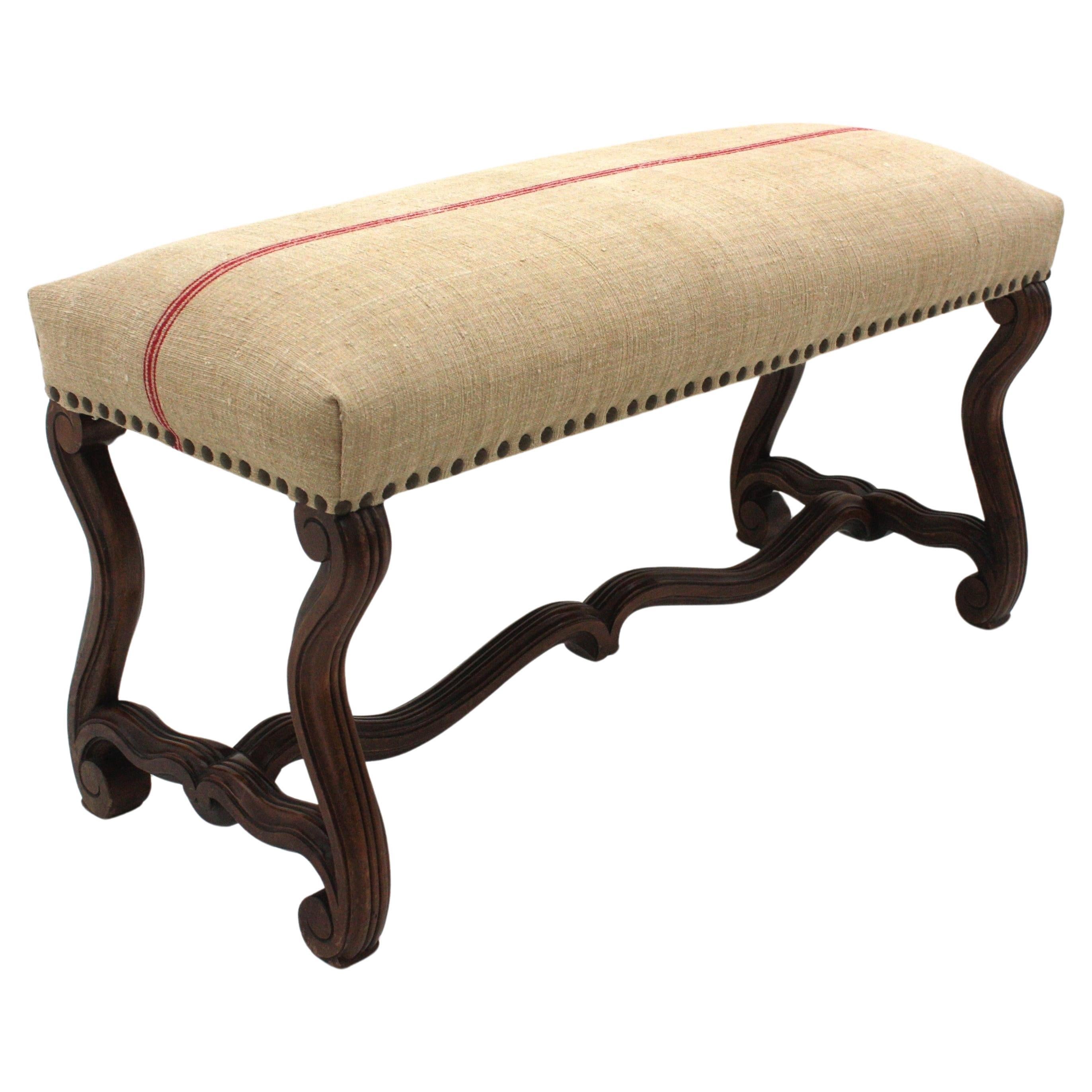 Os de Mouton Louis XIV Walnut Bench with French Linen Upholstery For Sale